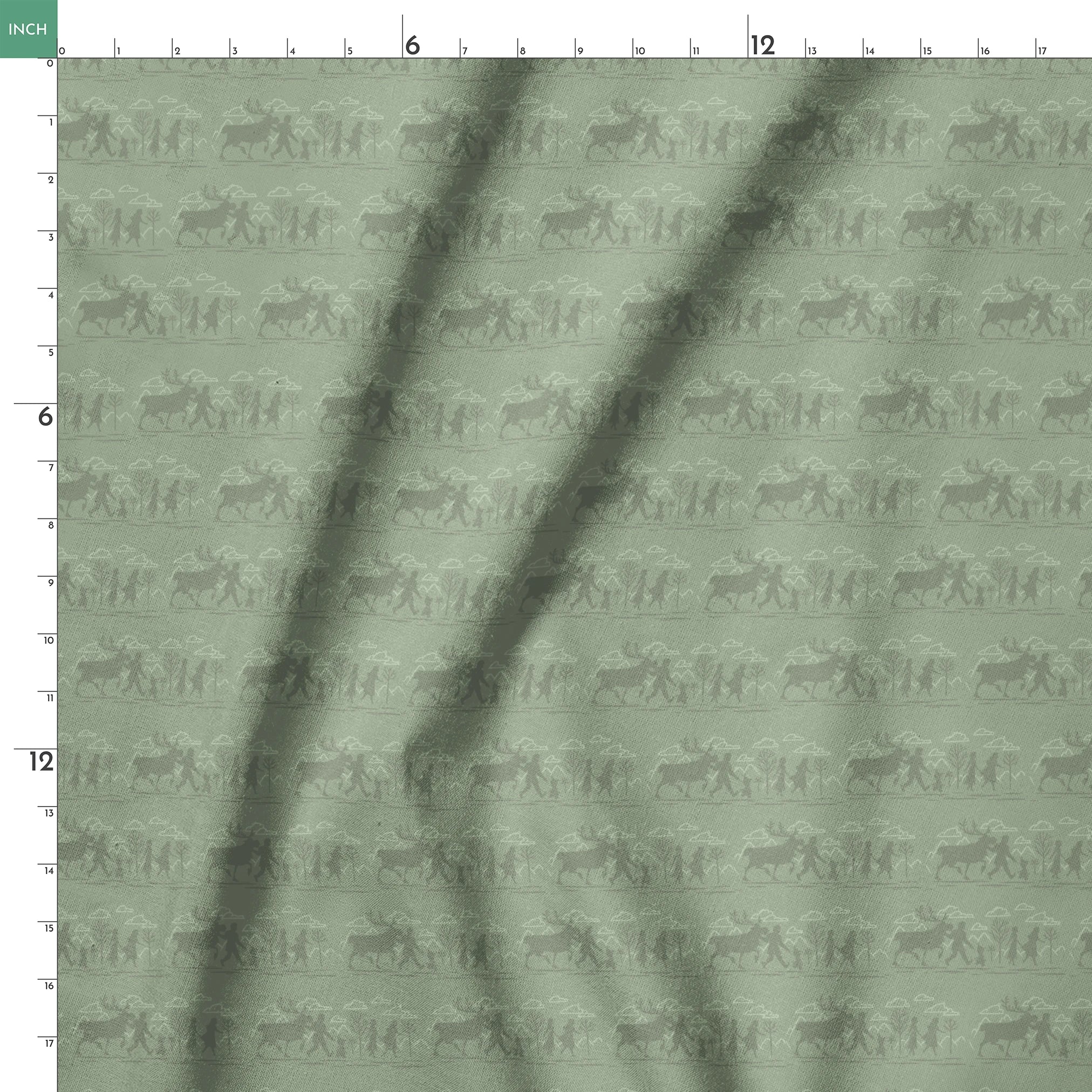 Muted green patterned design with repeating silhouettes of Frozen characters in horizontal bands springs ruler 18x18