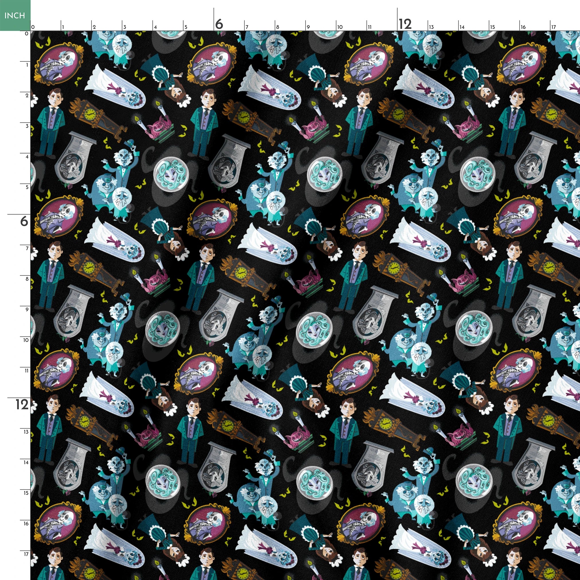 Haunted Mansion themed pattern with cartoon ghosts, characters, coffins, and spooky elements on black background springs ruler 18x18