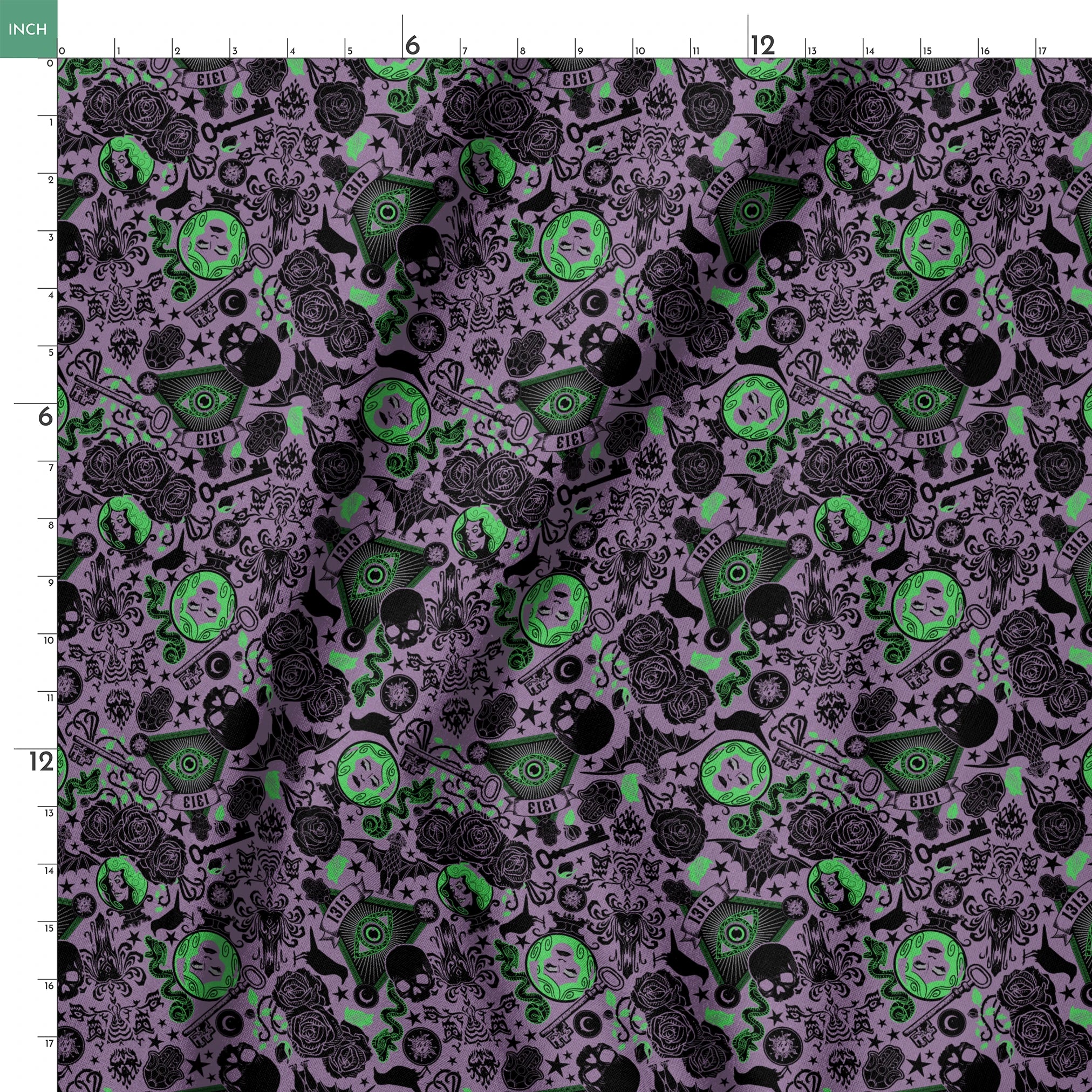 A dark purple background with gothic imagery in black and neon green featuring mystical elements including roses, celestial symbols, eyes, hands, and ornate decorative patterns. springs ruler 18x18