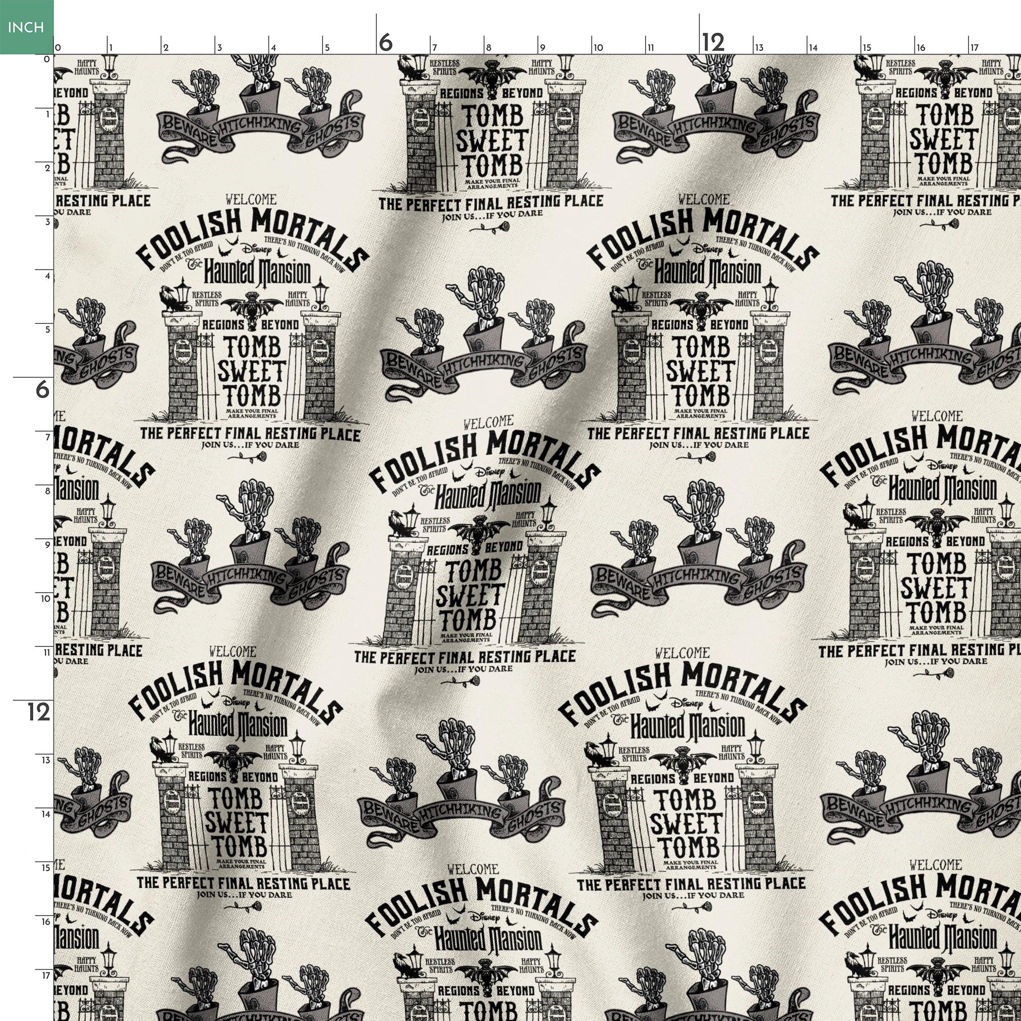 Repeating pattern of "Foolish Mortals" Haunted Mansion signage with ornate tomb designs in vintage black and cream style springs ruler 18x18