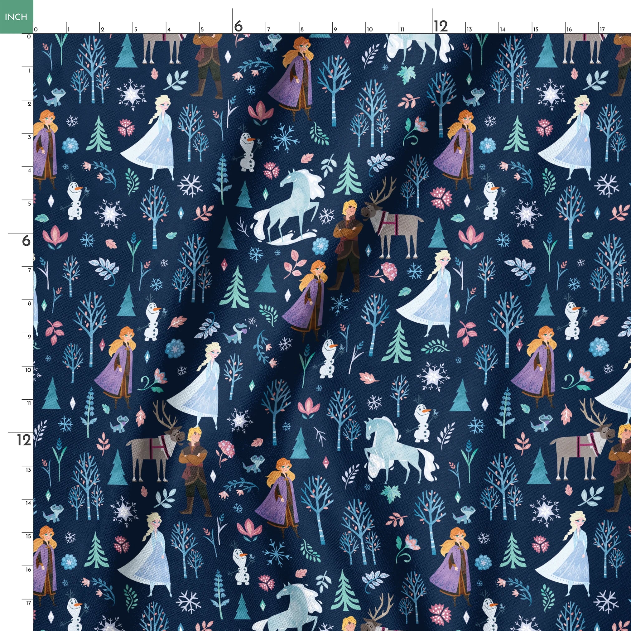 Illustrated Frozen pattern with Elsa, Anna, & friends, and floral elements on dark blue background springs ruler 18x18