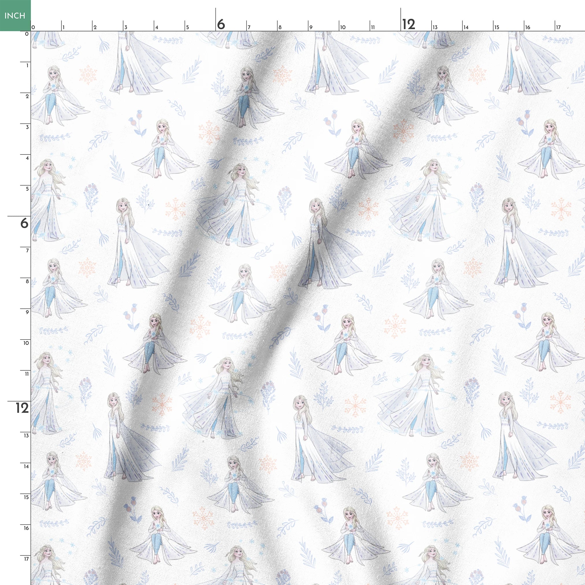 The image shows a decorative pattern featuringFrozen's Elsa, surrounded by delicate snowflakes, leaves, and floral elements in soft pastel colors on a light background. springs ruler 18x18
