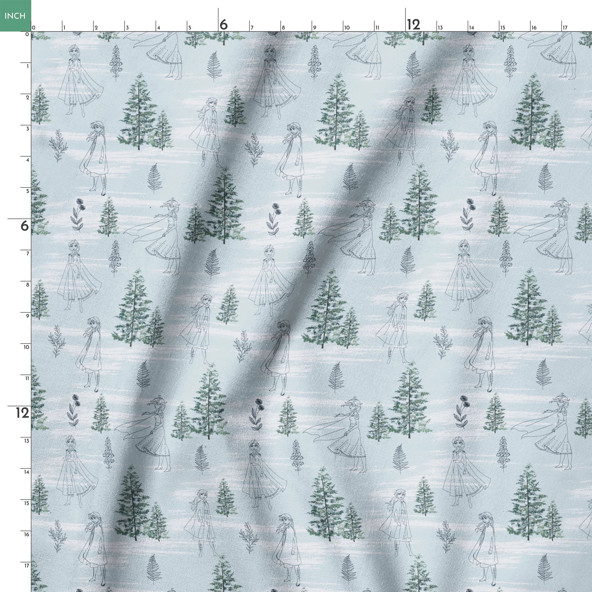 Pale blue pattern with delicate line drawings of pine trees, Elsa, and Anna across a wintry landscape springs ruler 18x18