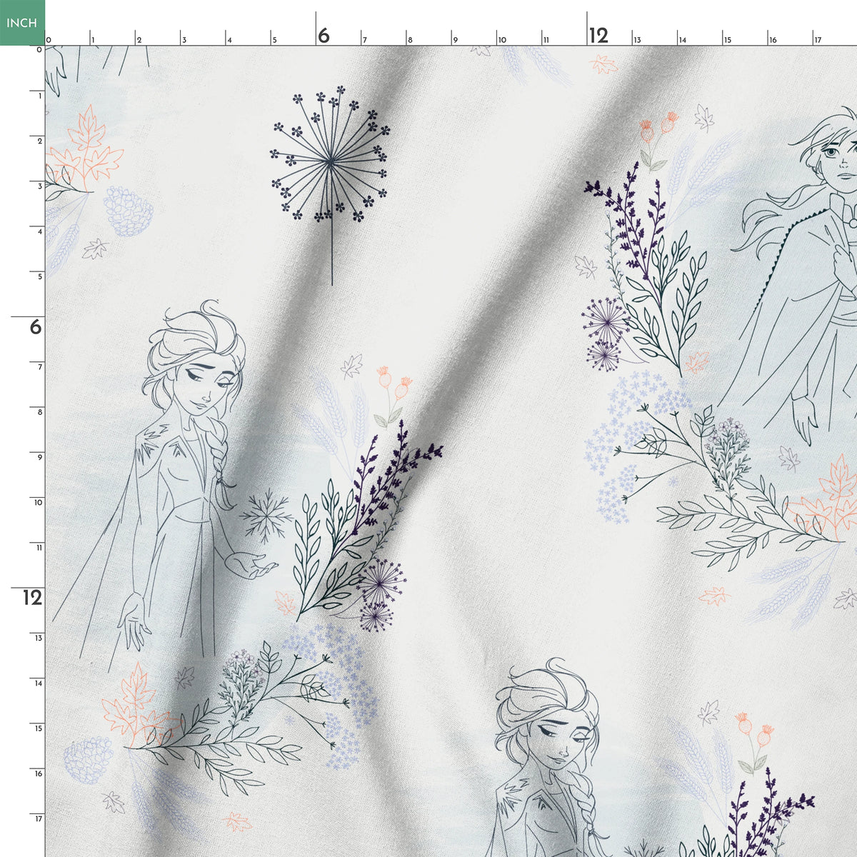 Delicate blue pattern featuring Frozen's Elsa and Anna surrounded by floral elements and dandelions on a light background springs ruler 18x18