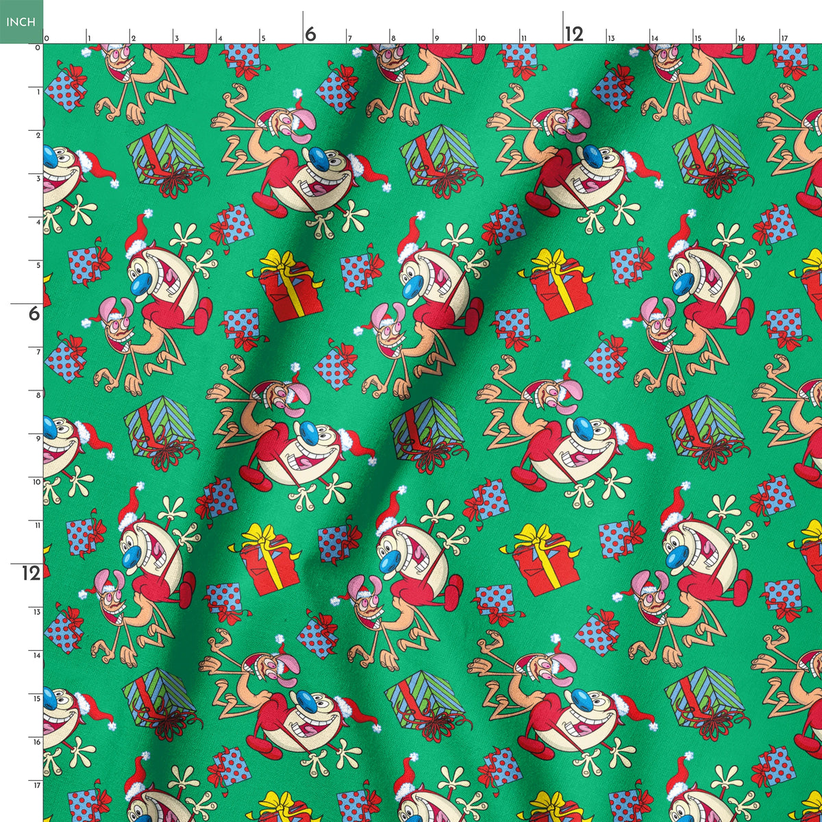Whimsical cartoon Christmas pattern with elves, Santa figures, and colorful gifts on green background springs ruler 18x18