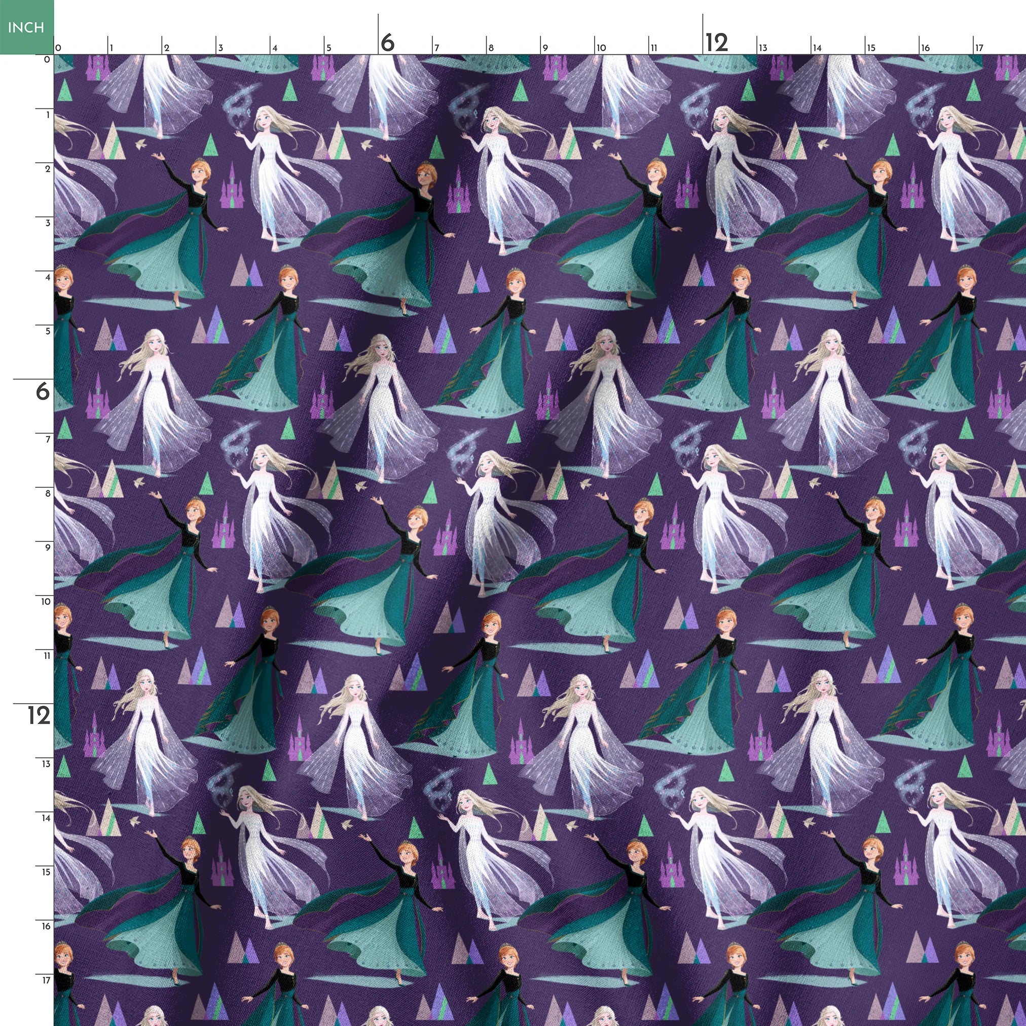 Frozen characters and ice castles on purple background, magical fantasy pattern springs ruler 18x18