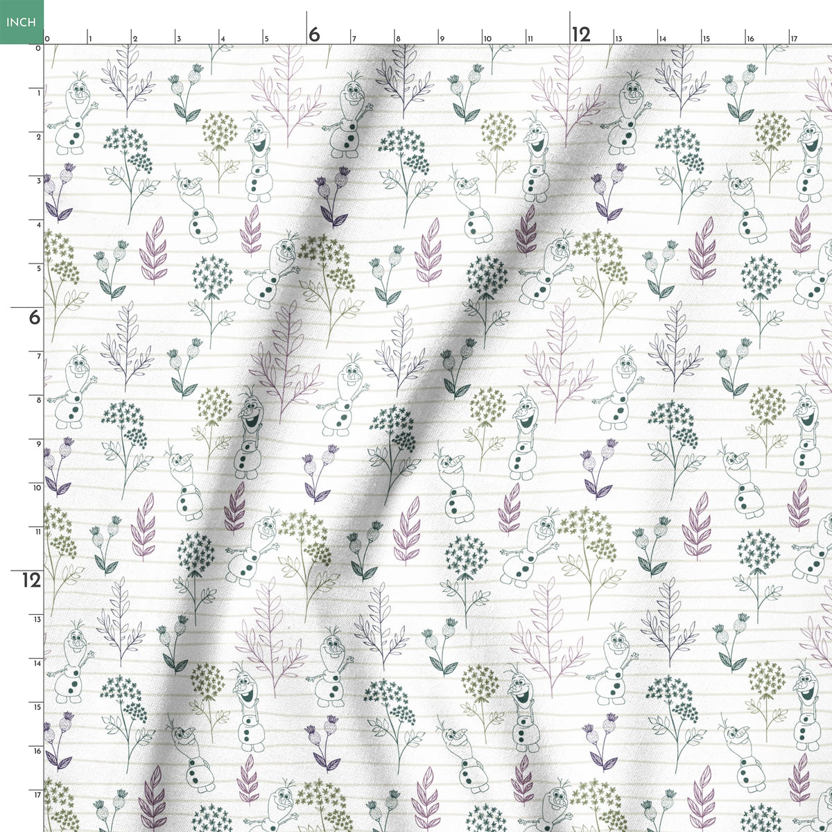 Pattern of sketched botanical elements, flowers, and Olaf on a lined background in soft greens and purples springs ruler 18x18
