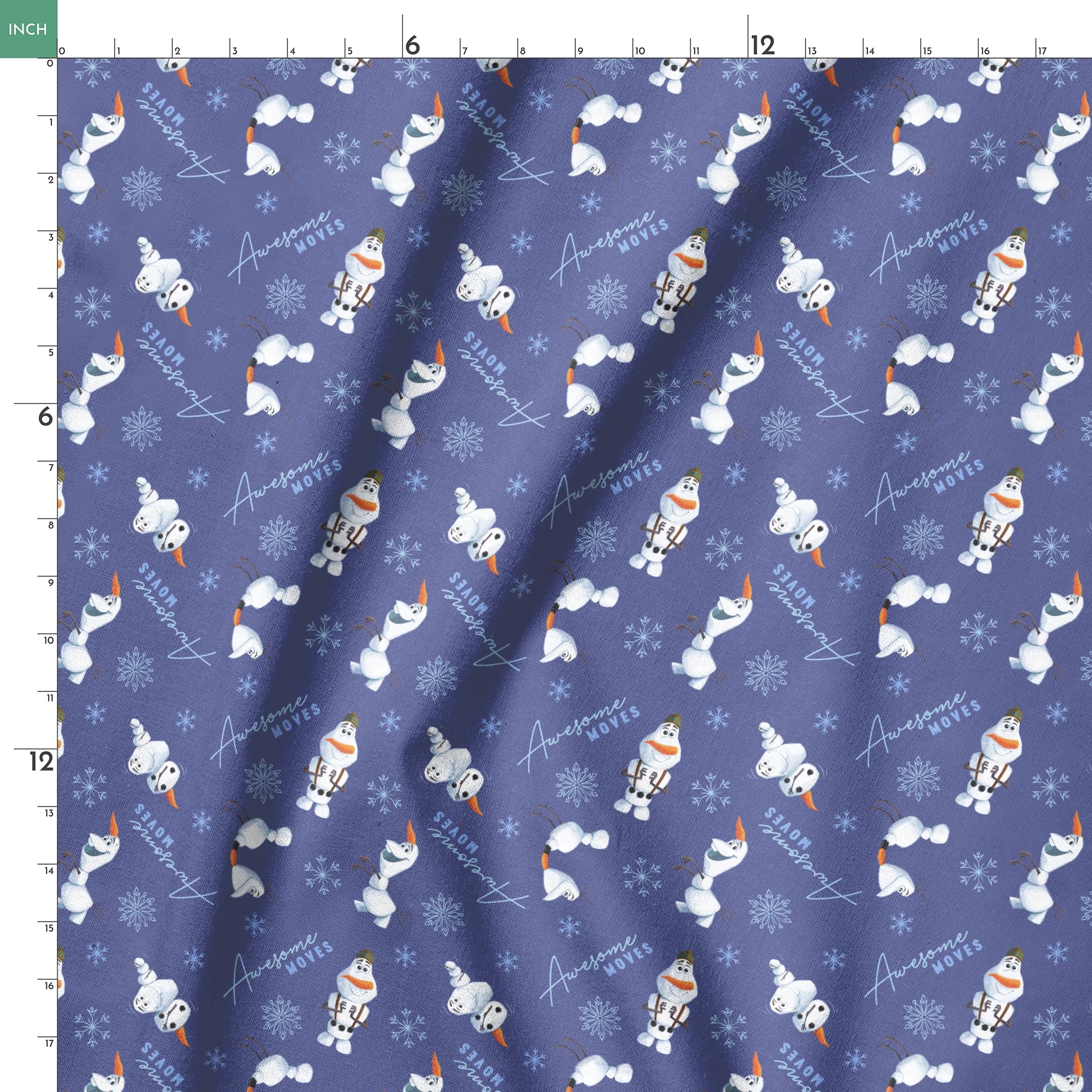 Playful Olaf the snowman pattern with snowflakes on purple background showing various poses springs ruler 18x18