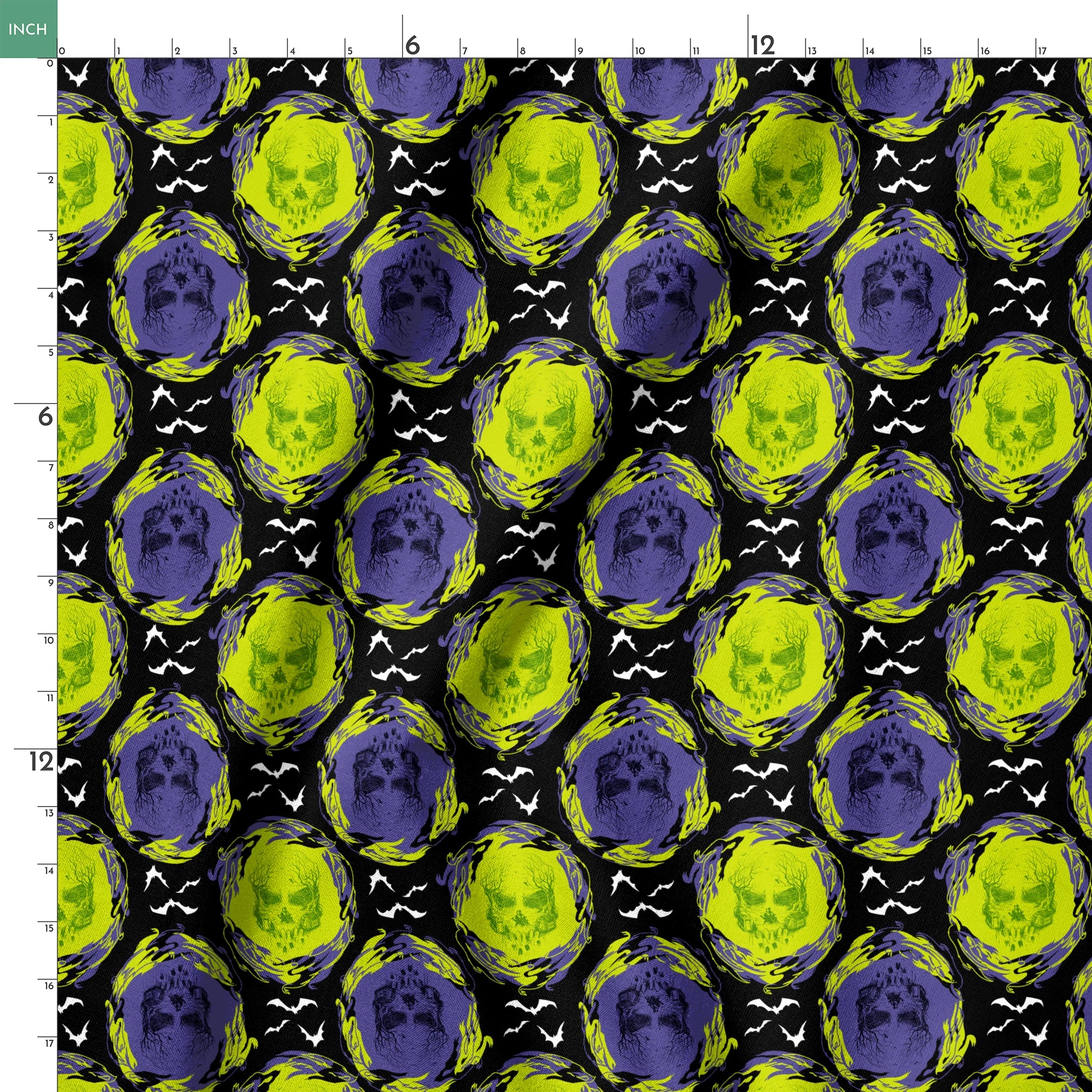Repeating pattern of neon green and purple skulls with swirling effects on black background with white bats springs ruler 18x18