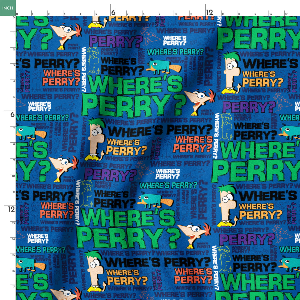 Phineas & Ferb pattern with "WHERE'S PERRY?" text repeated in various colors on blue background springs ruler 18x18
