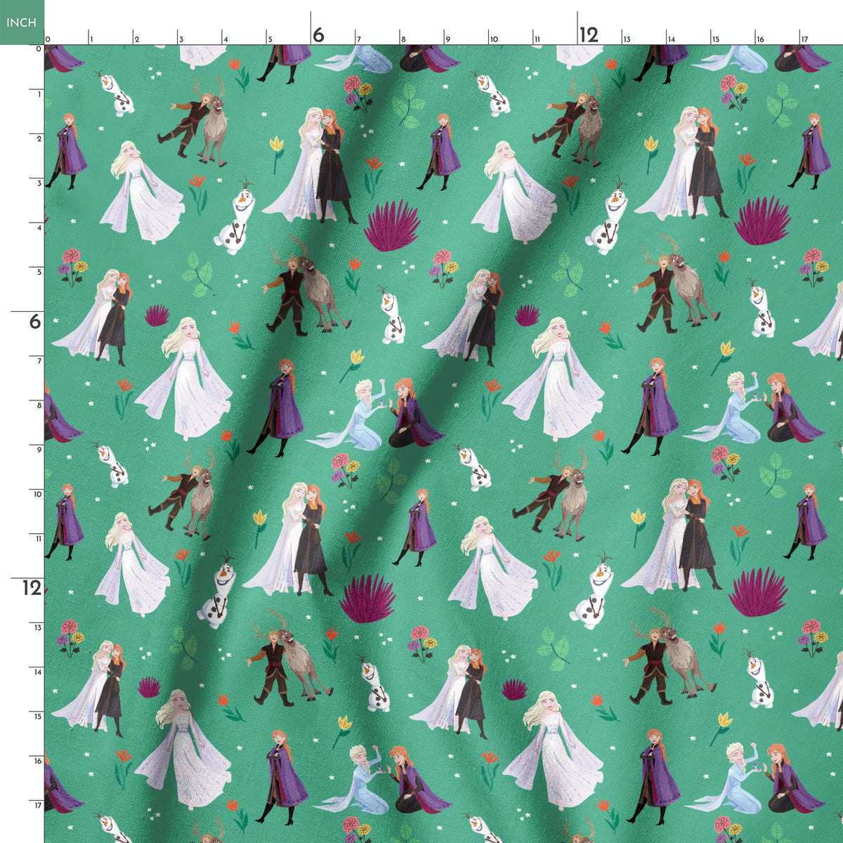 Pattern of animated characters from Frozen including Olaf the snowman, characters in formal attire, and colorful flowers on a green background. springs ruler 18x18