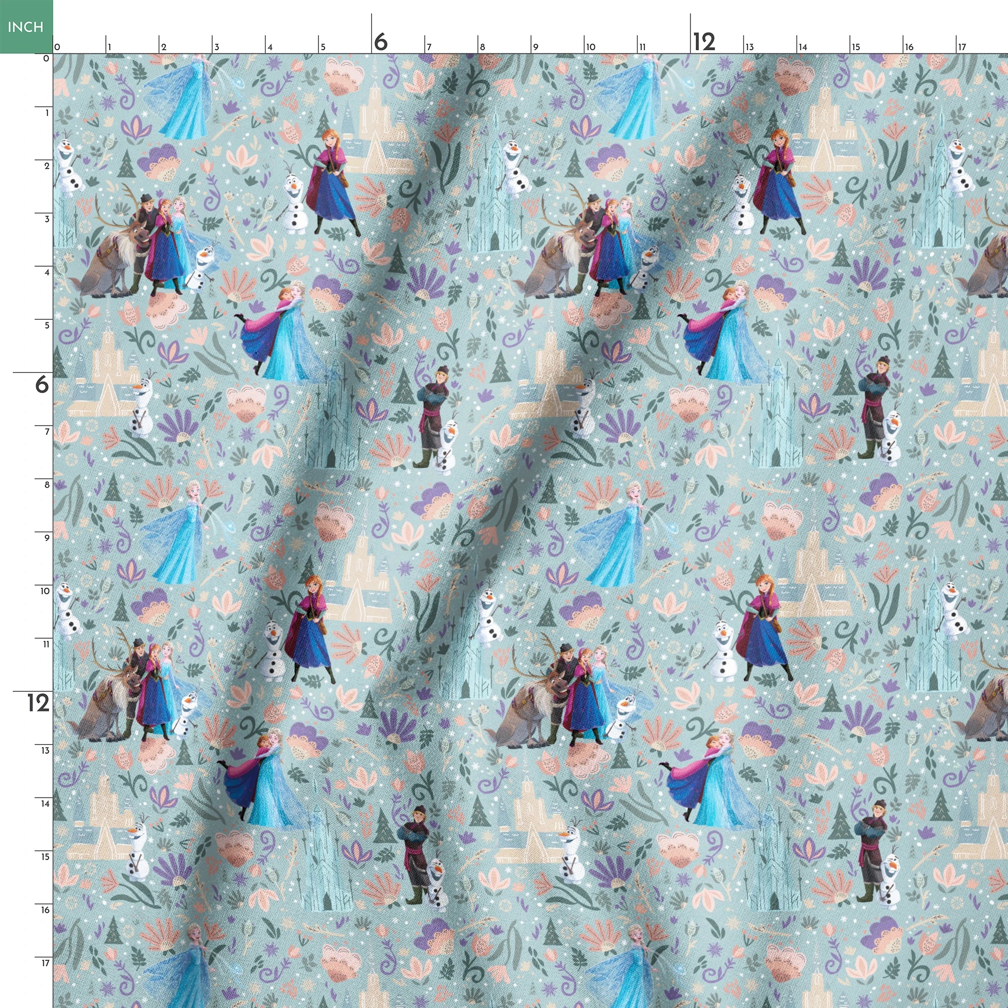 Frozen-themed pattern with the iconic characters, snowmen, flowers, and swirls on a light blue background springs ruler 18x18