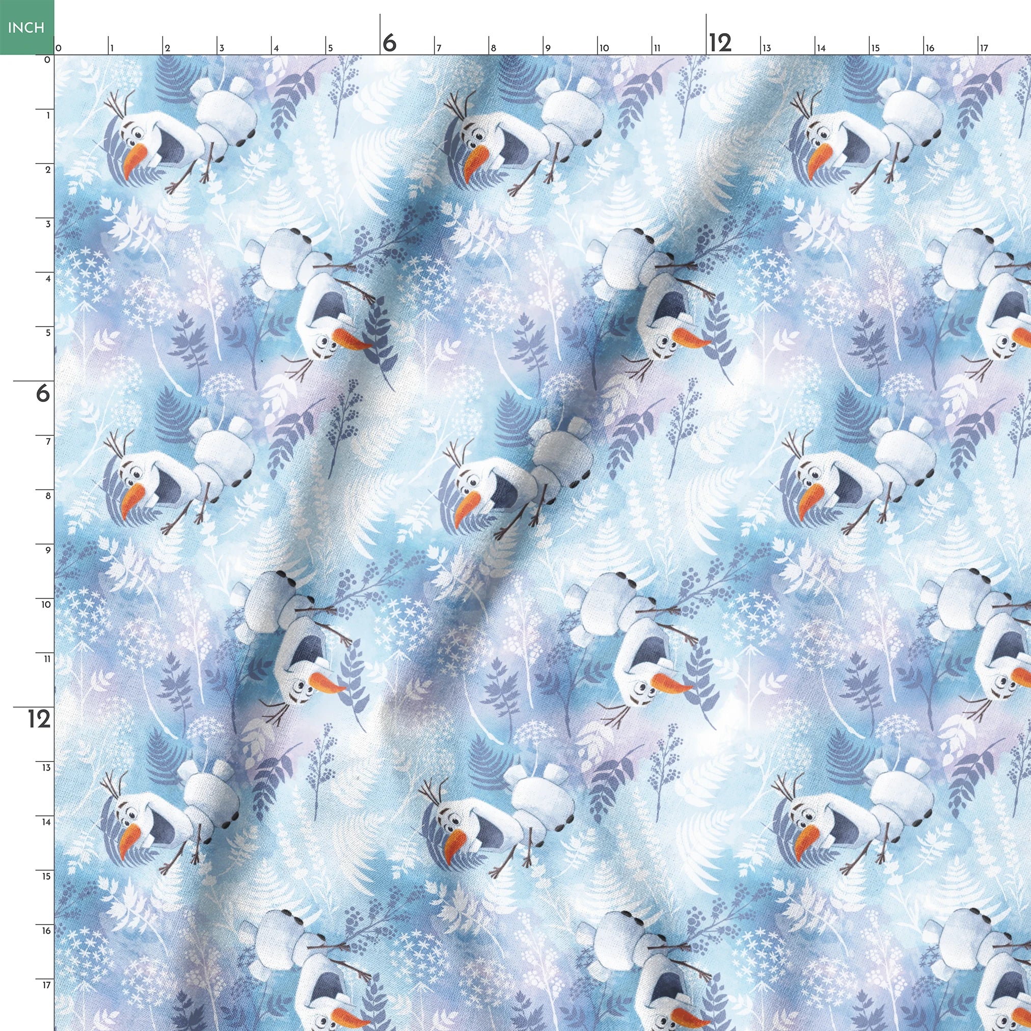 Cheerful Olaf playing among delicate ferns and snowflakes on a light blue background springs ruler 18x18