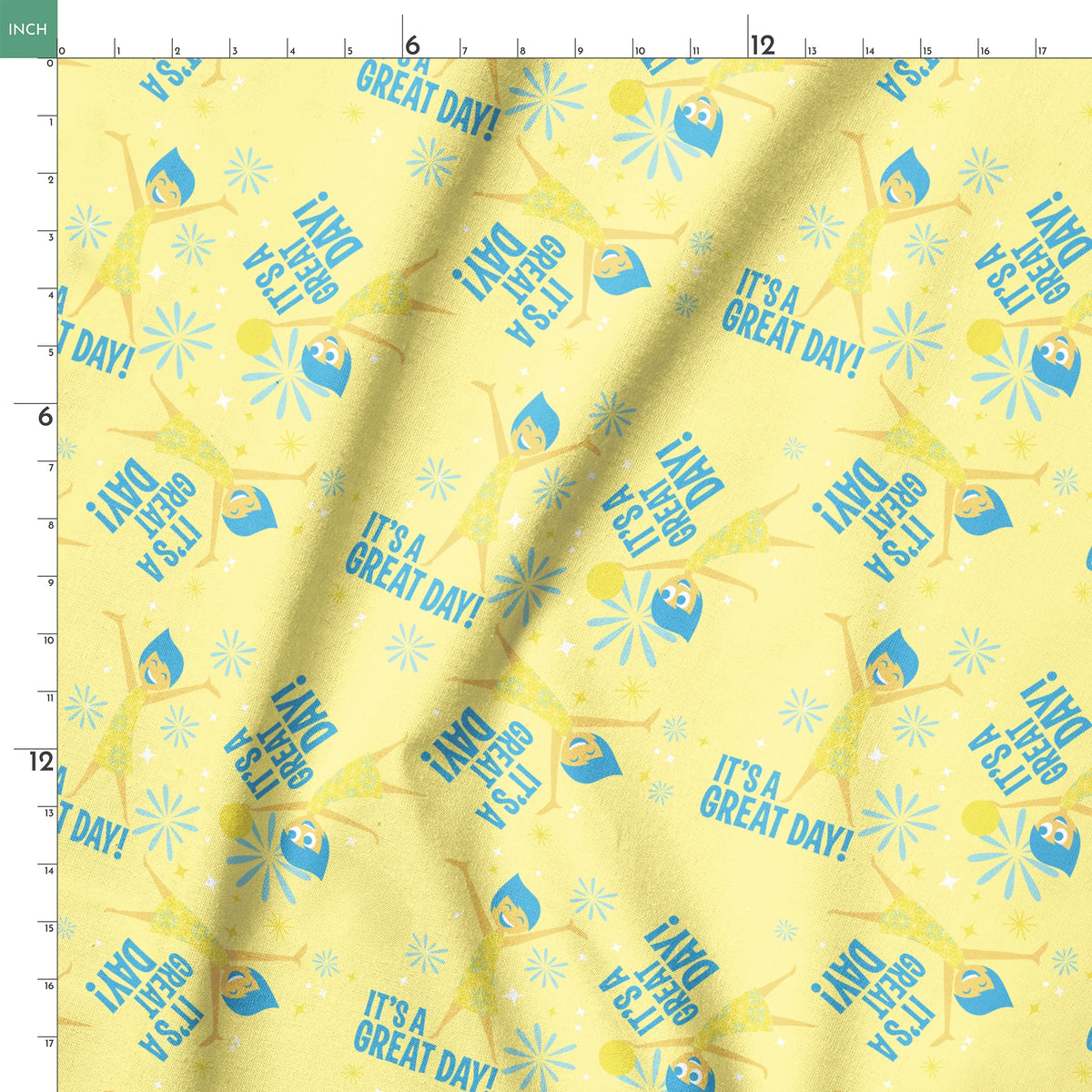 Cheerful Inside Out pattern with blue "IT'S A GREAT DAY!" text and decorative white accents springs ruler 18x18