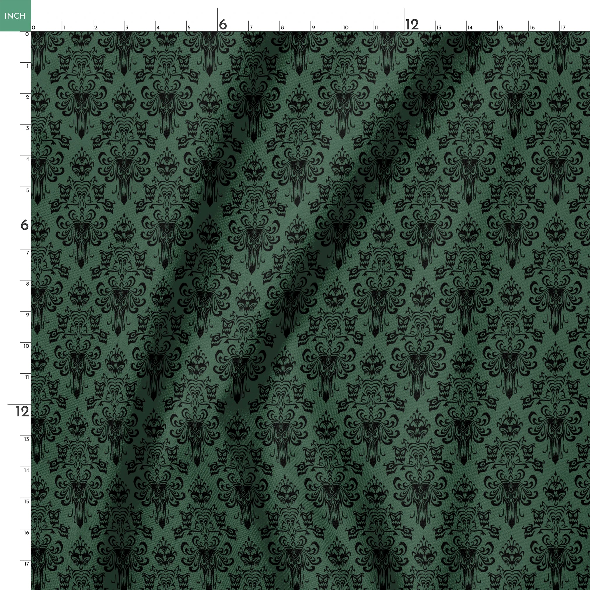 The image shows an elegant Victorian or Gothic-style damask pattern in black against a dark green background. The repeating ornate design features intricate scrollwork, flourishes, and symmetrical decorative elements arranged in a traditional wallpaper or textile pattern style. springs ruler 18x18