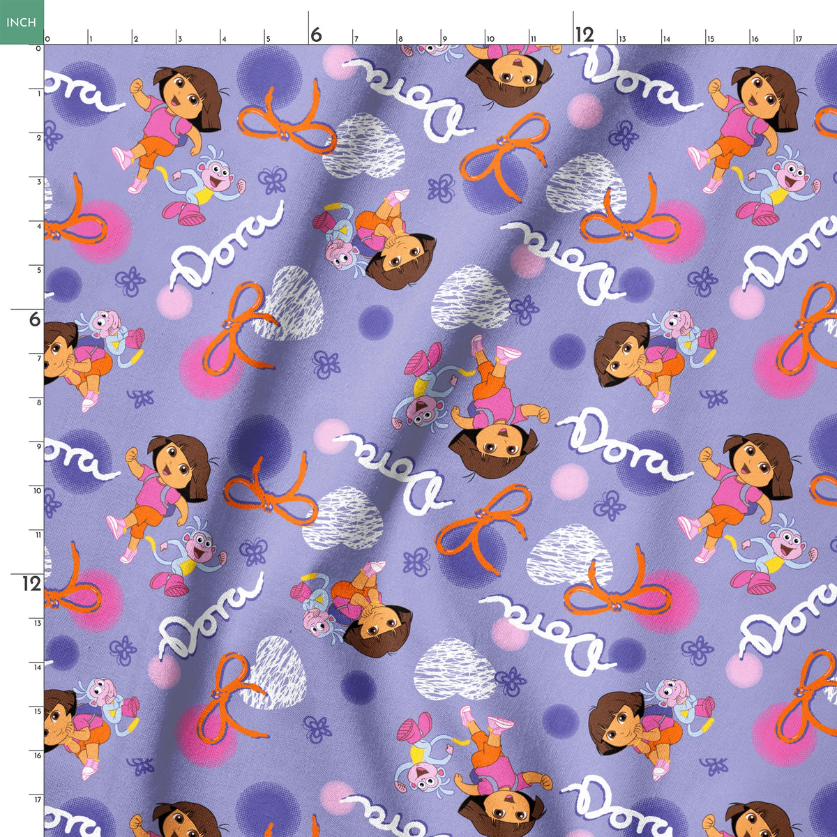Cartoon pattern featuring Dora the Explorer, Boots the monkey, and other characters on purple background with bows and clouds. springs ruler 18x18