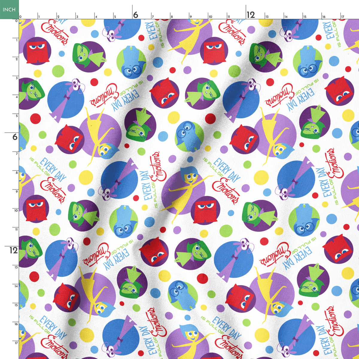 Colorful Inside Out characters in circles - Joy, Sadness, Fear, Disgust, and Anger on polka dot background springs ruler 18x18