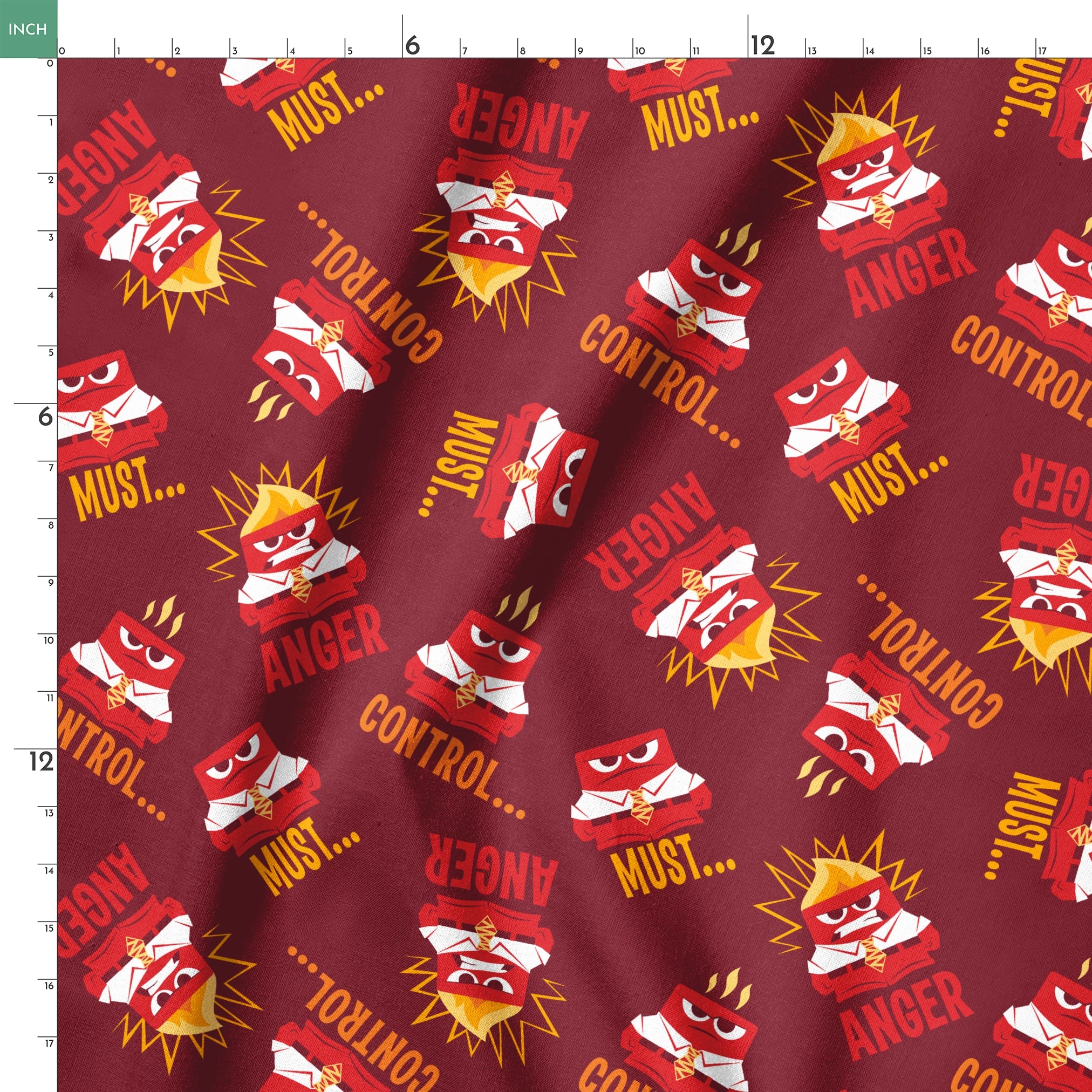 Red background pattern with Anger from Inside Out, explosions, and words "MUST... CONTROL... ANGER springs ruler 18x18