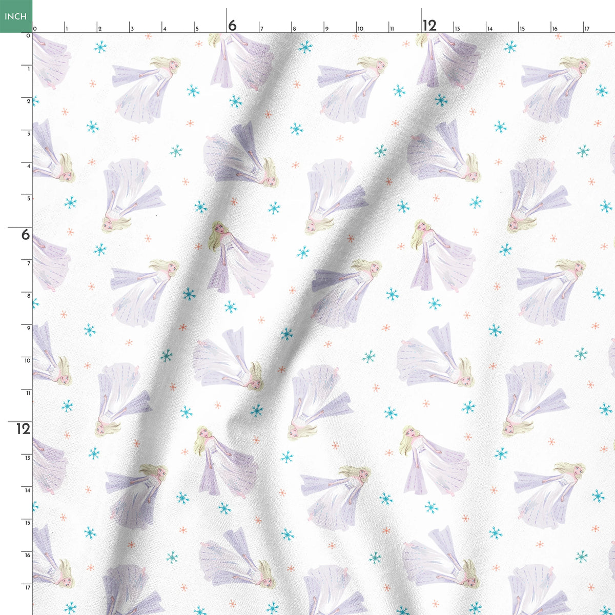 Whimsical pattern of Elsa with colorful snowflakes on white background springs ruler 18x18