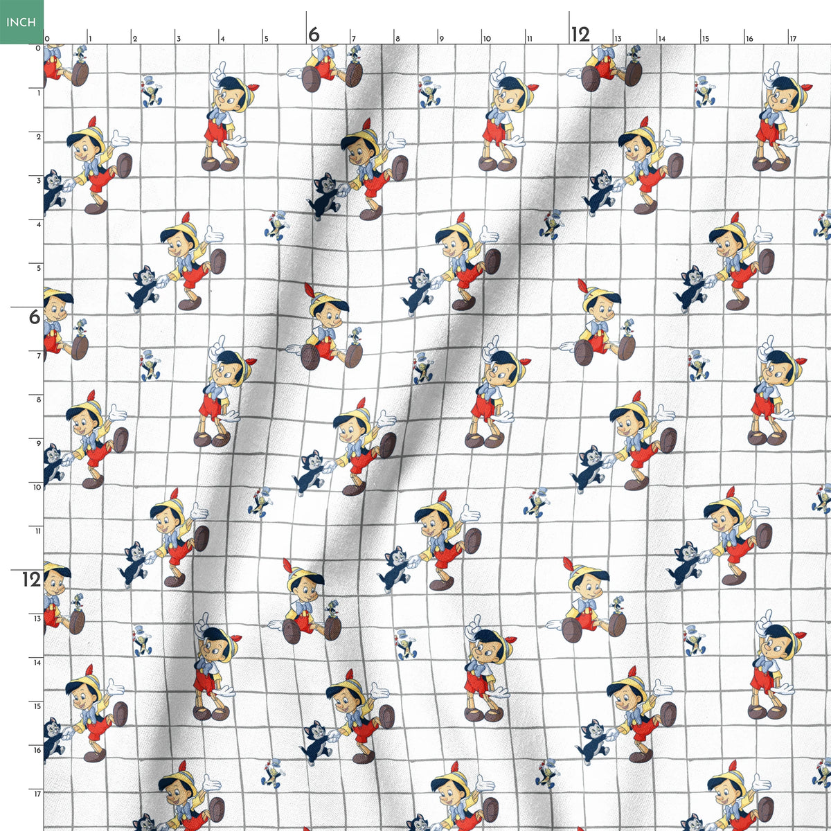 Classic cartoon puppets with red shorts, yellow hats on white grid pattern with small black cat figures springs ruler 18x18