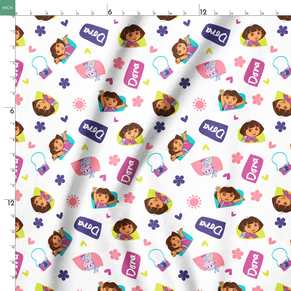 Cartoon pattern featuring Dora the Explorer characters, purple logos, pink hearts, and flowers on white background. springs ruler 18x18