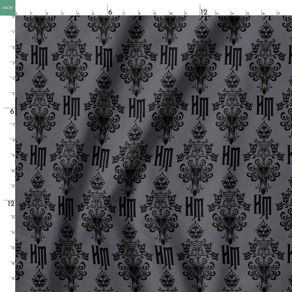 Dark gray background with black ornate damask pattern featuring decorative flourishes and monogram elements springs ruler 18x18