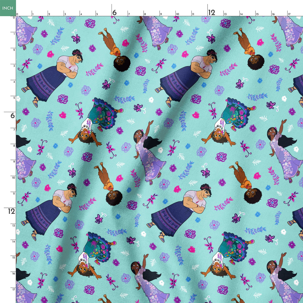 Colorful pattern with figures in traditional clothing, butterflies, and floral elements on teal background springs ruler 18x18