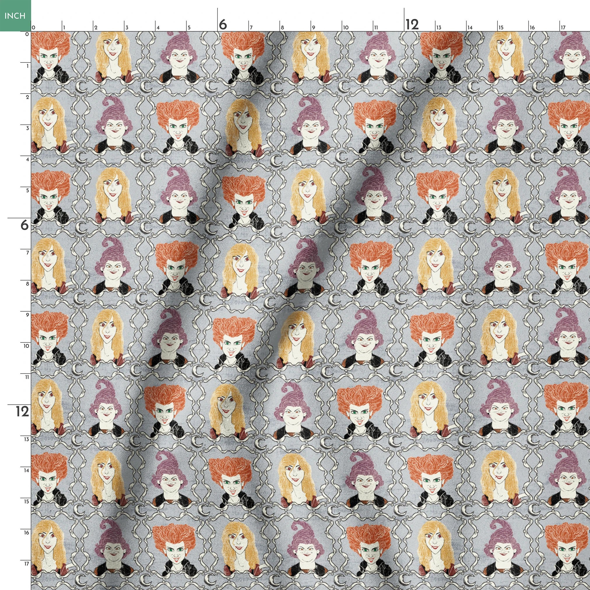 Illustrated portraits of fantasy characters with wild orange, blonde, and purple hair on gray patterned background springs ruler 18x18