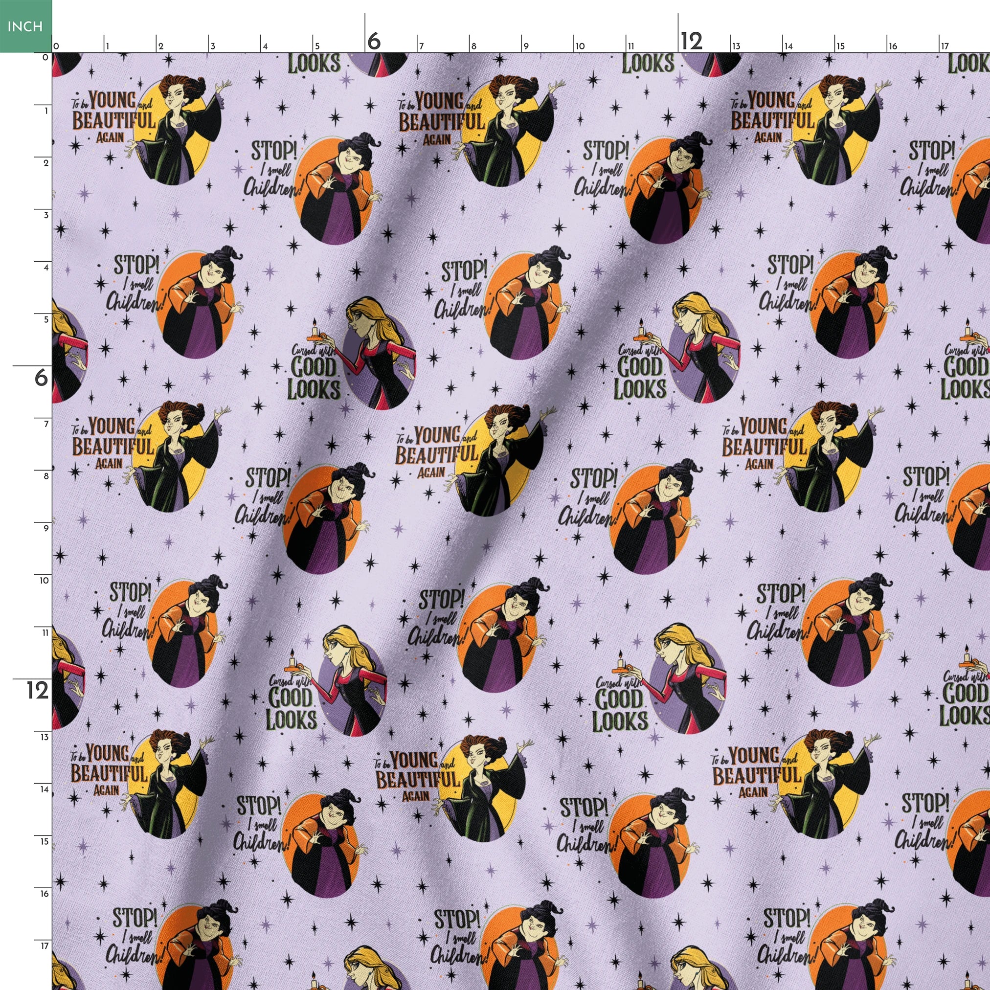 Disney villains pattern with circular portraits on purple starry background featuring animated characters and quote catchphrases springs ruler 18x18
