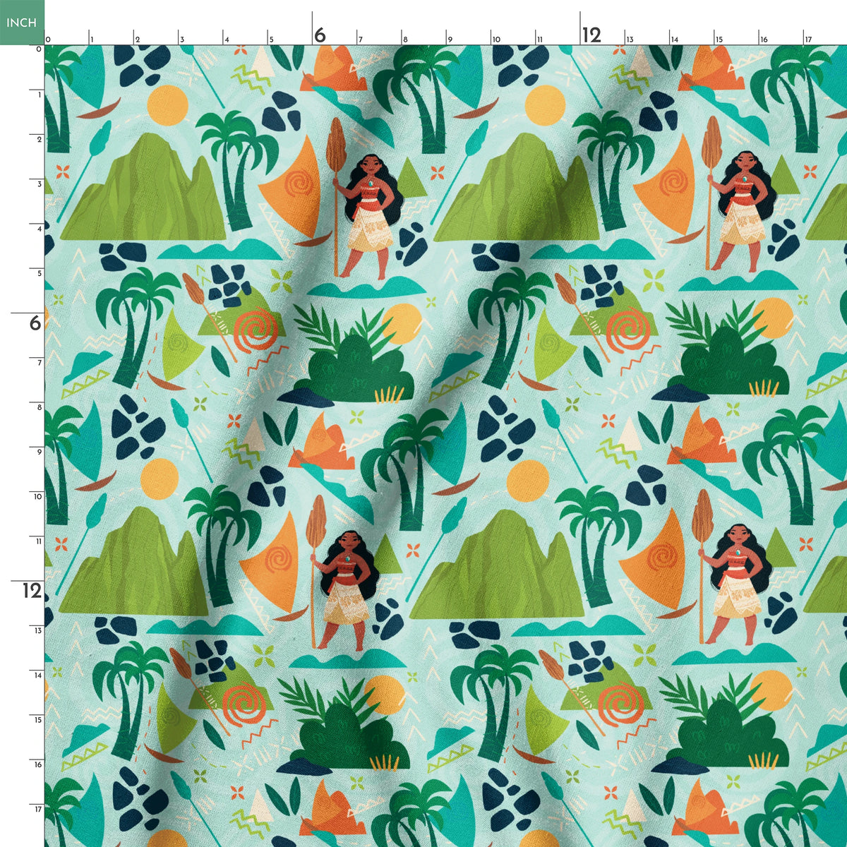 Tropical pattern with palm trees, mountains, sailboats and Polynesian-inspired motifs on mint green springs ruler 18x18