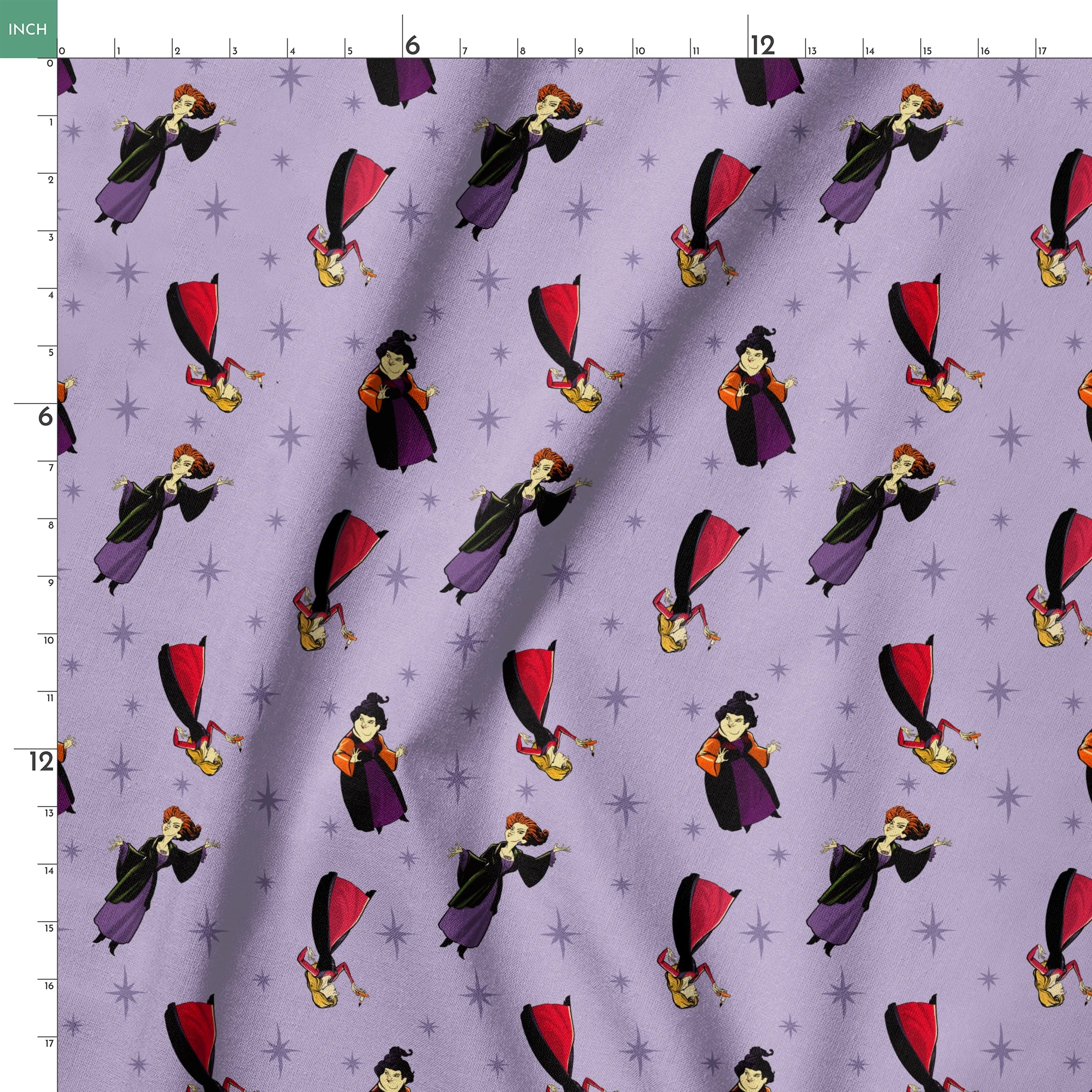 Purple background with cartoon characters in flowing capes and dresses with stars pattern, repeating decorative design springs ruler 18x18