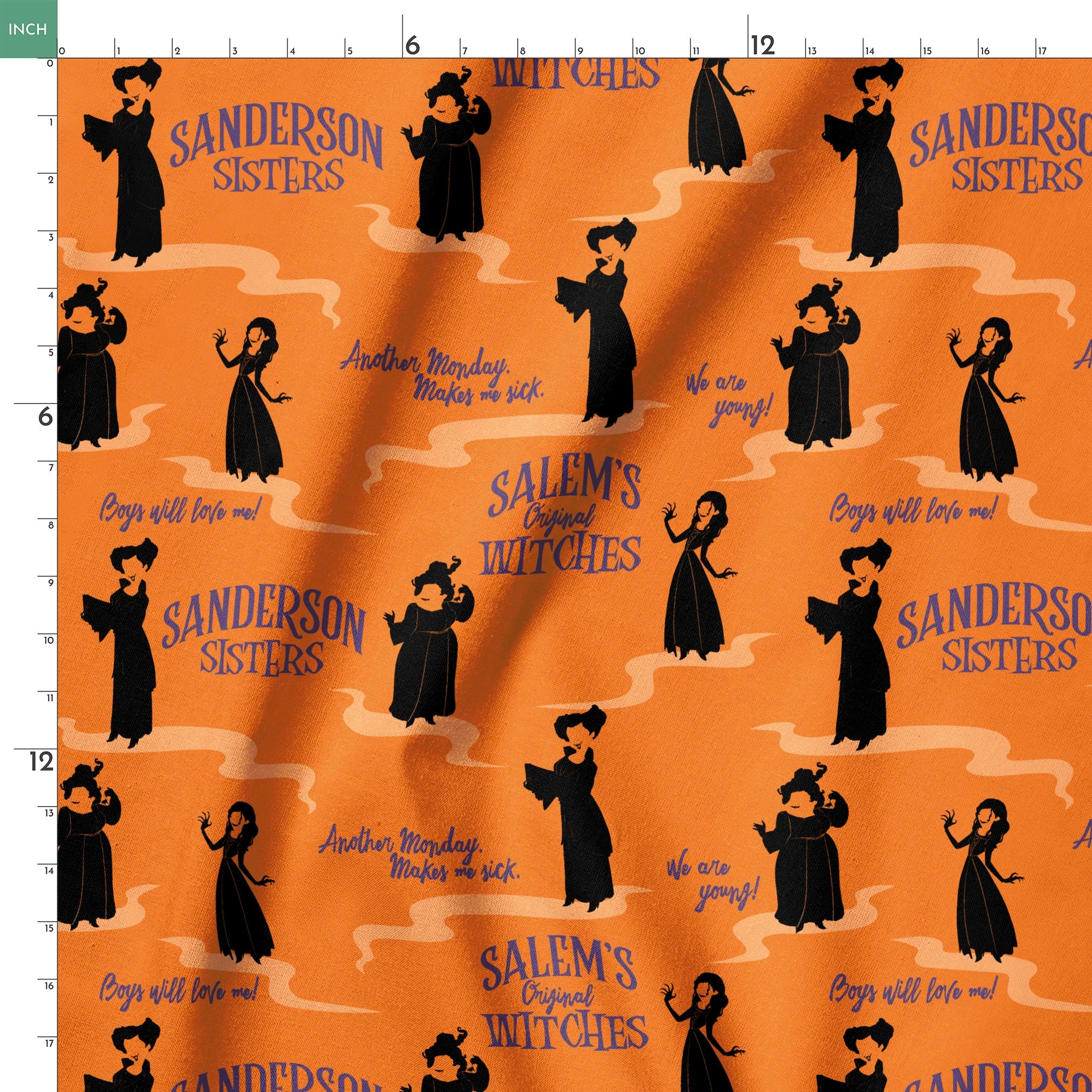 Orange background with silhouettes of witches in black robes and text "Sanderson Sisters" and "Salem's" in blue lettering springs ruler 18x18