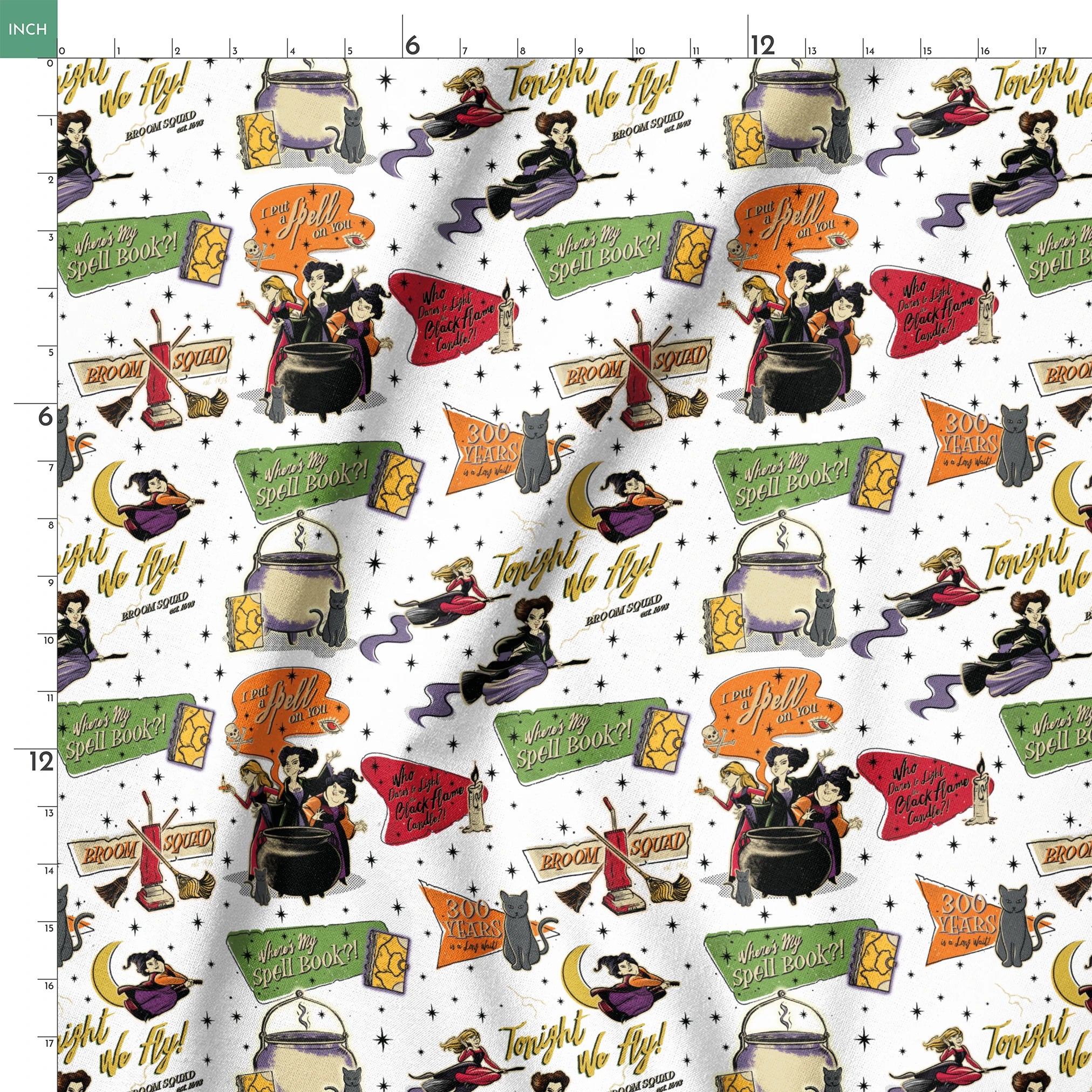 Halloween witch-themed pattern with spell books, cauldrons, brooms, stars, cats, potions and magical sayings on white background springs ruler 18x18