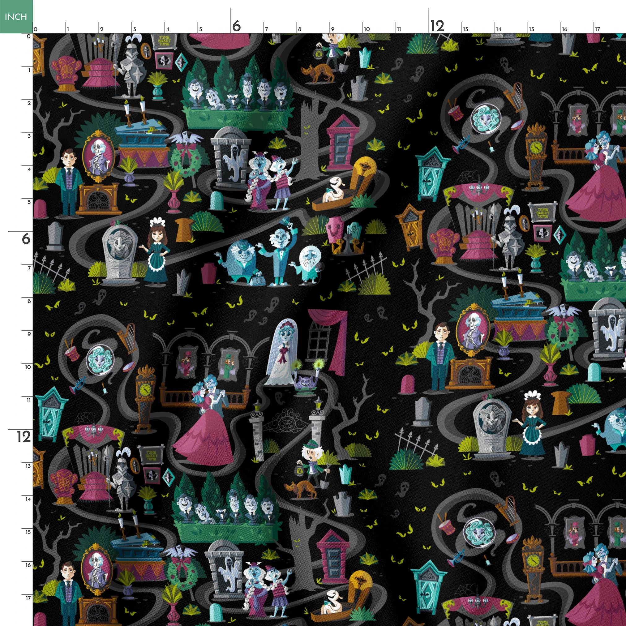 Dark background collage of colorful haunted house elements with ghosts, skeletons, potion bottles, and spooky characters in a whimsical pattern springs ruler 18x18