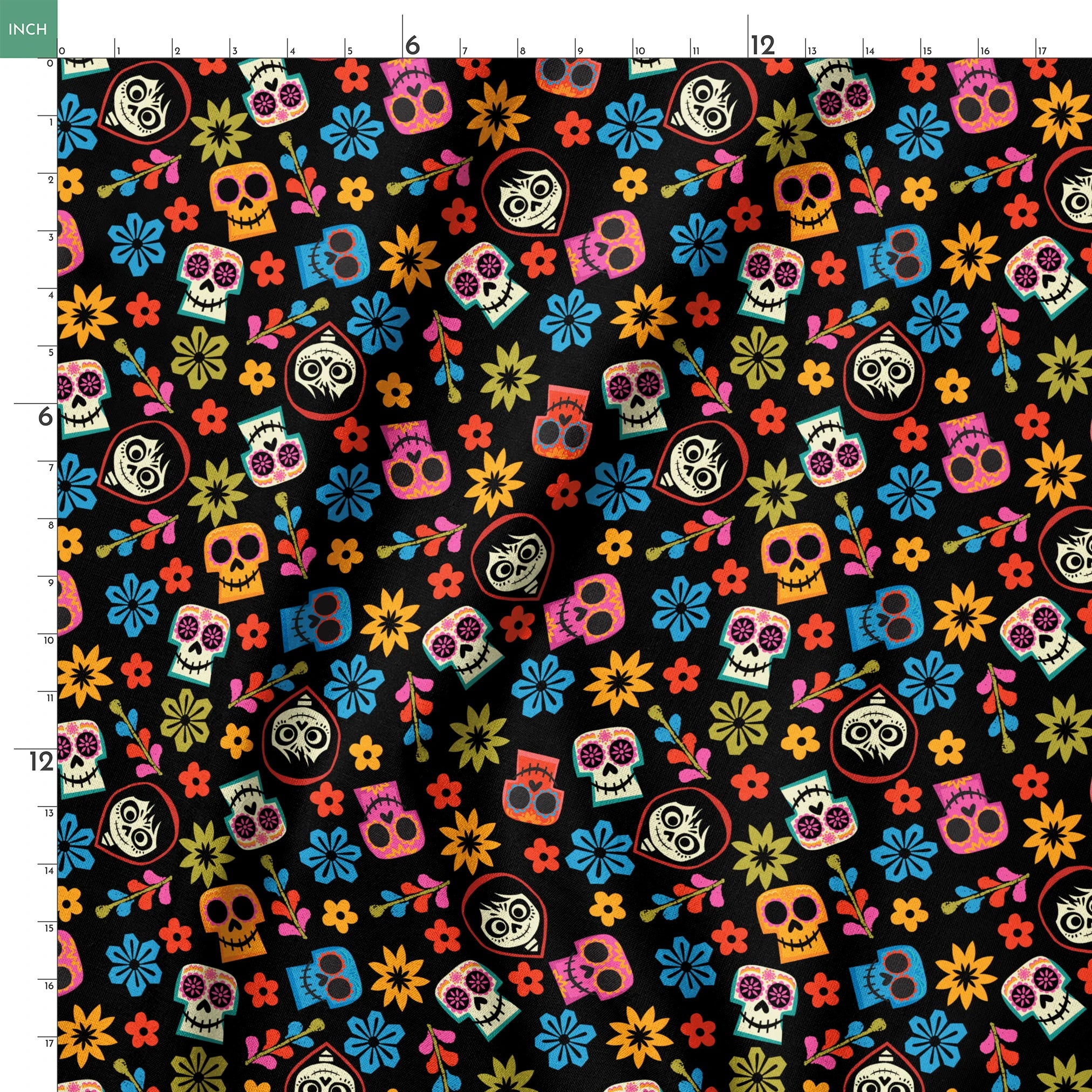 Colorful Coco sugar skull pattern with floral designs on black background for Day of the Dead springs ruler 18x18