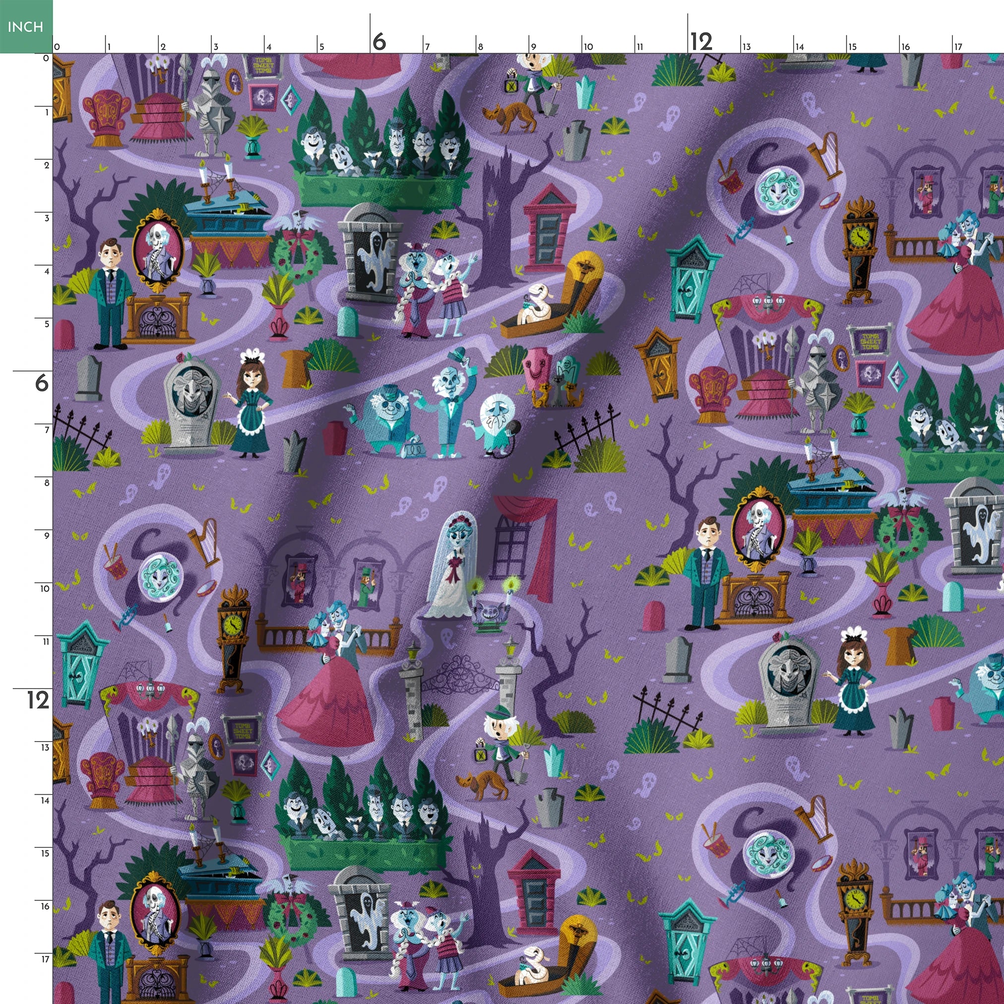 Colorful cartoon map of a spooky Halloween town with purple paths, ghosts, skeletons, and haunted houses. springs ruler 18x18