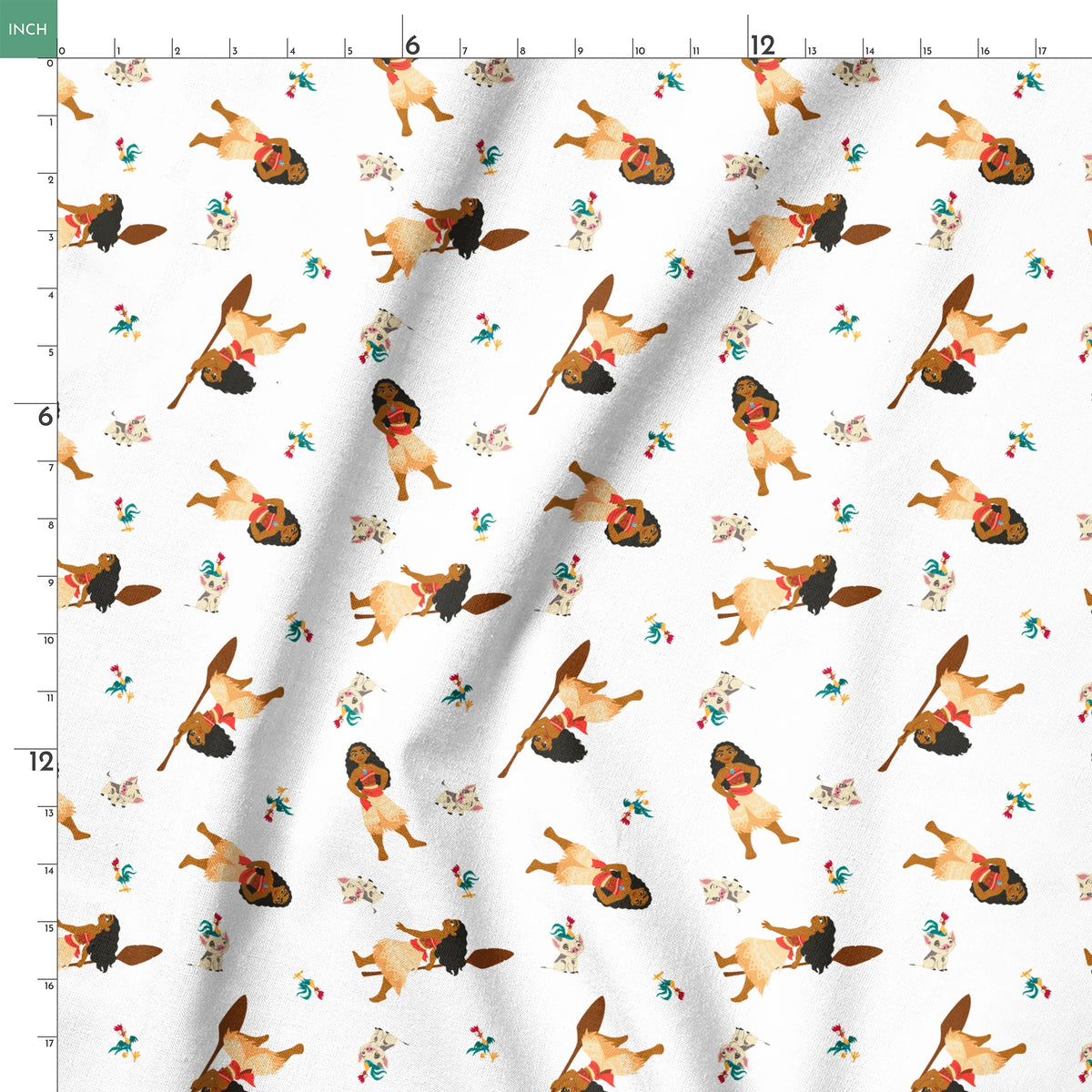 Moana pattern on white background with colorful cartoon animals in repeating design springs ruler 18x18