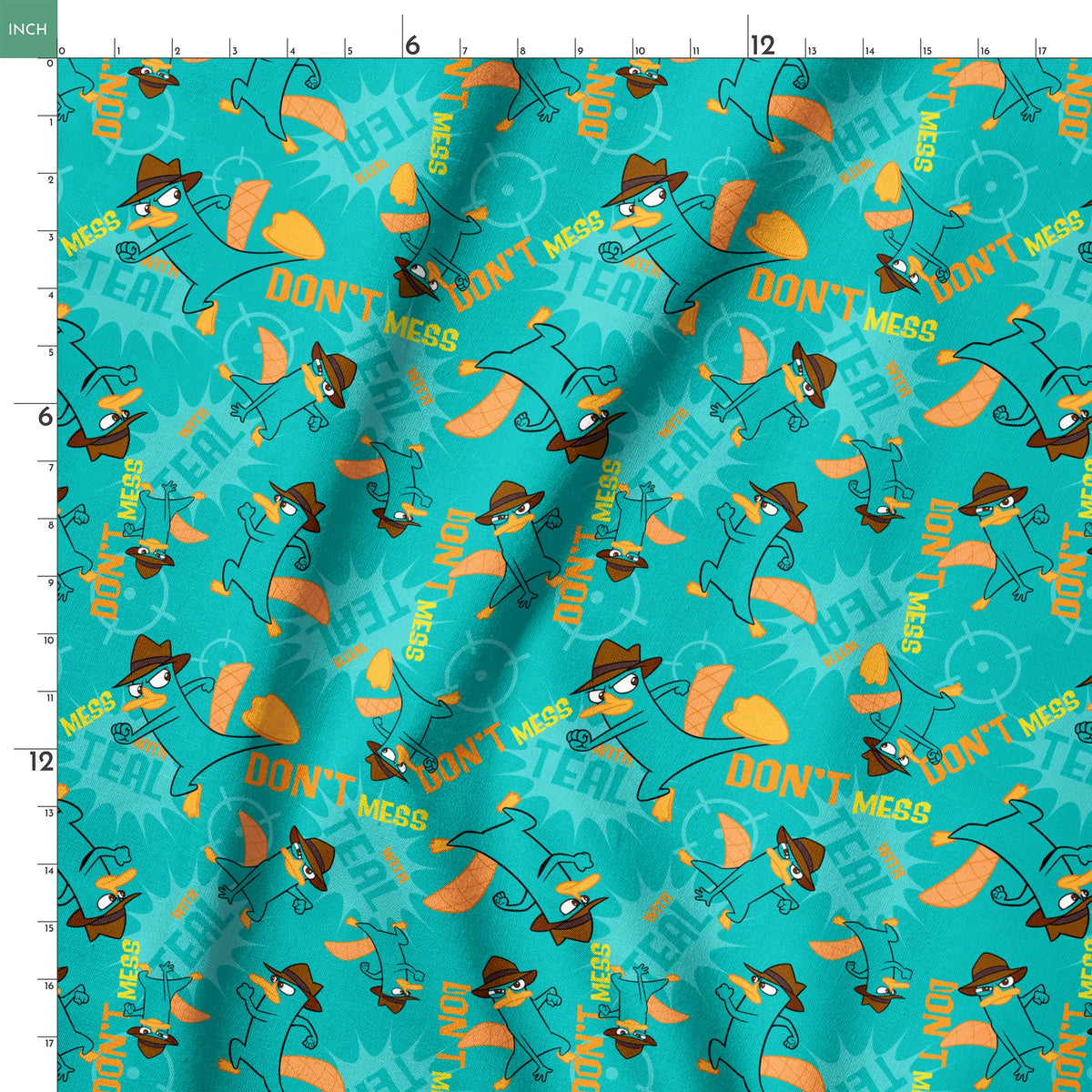 Cartoon pattern of platypus character in fedora hat with orange elements on teal background springs ruler 18x18