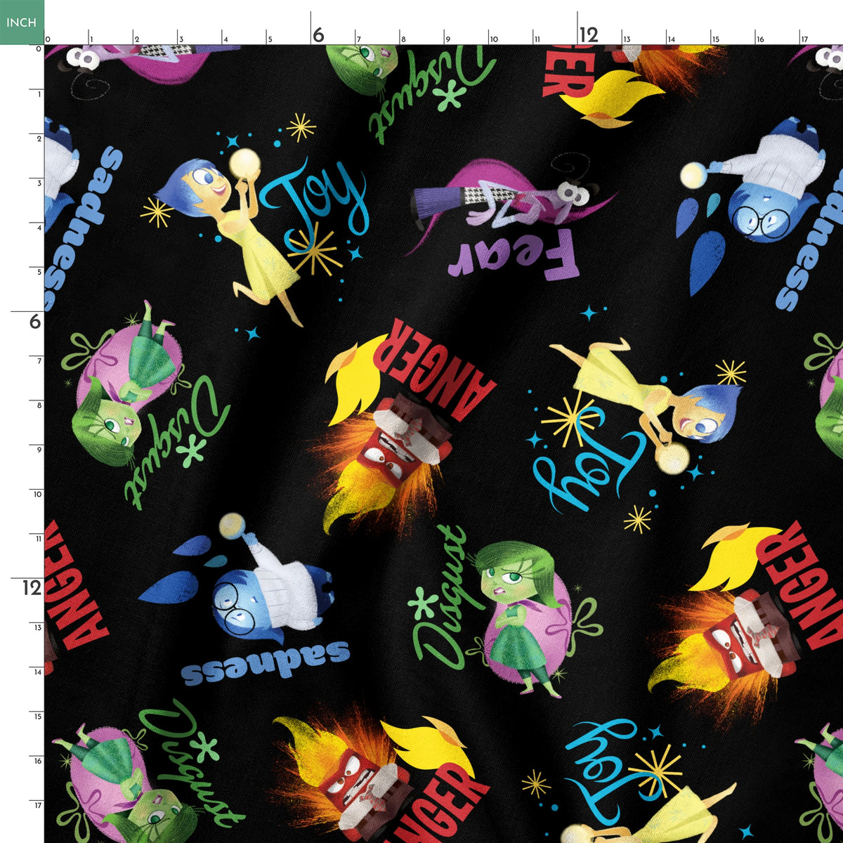Colorful Pixar pattern on black background with Inside Out characters and emotion words like "Fear springs ruler 18x18
