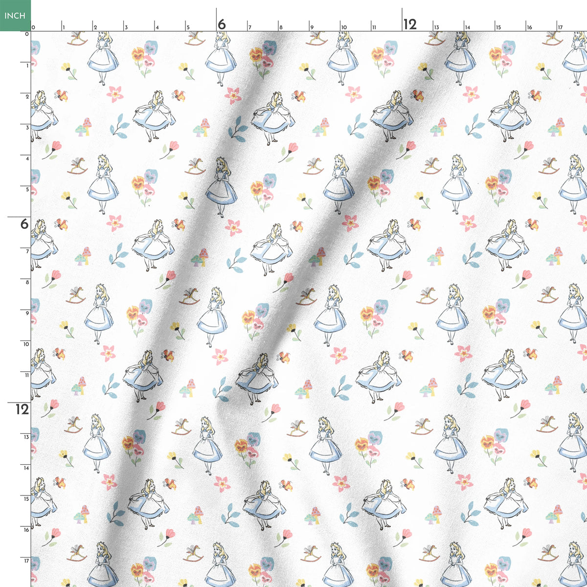 Whimsical pattern featuring character in blue dress with flowers, mushrooms, and rocking horse springs ruler 18x18