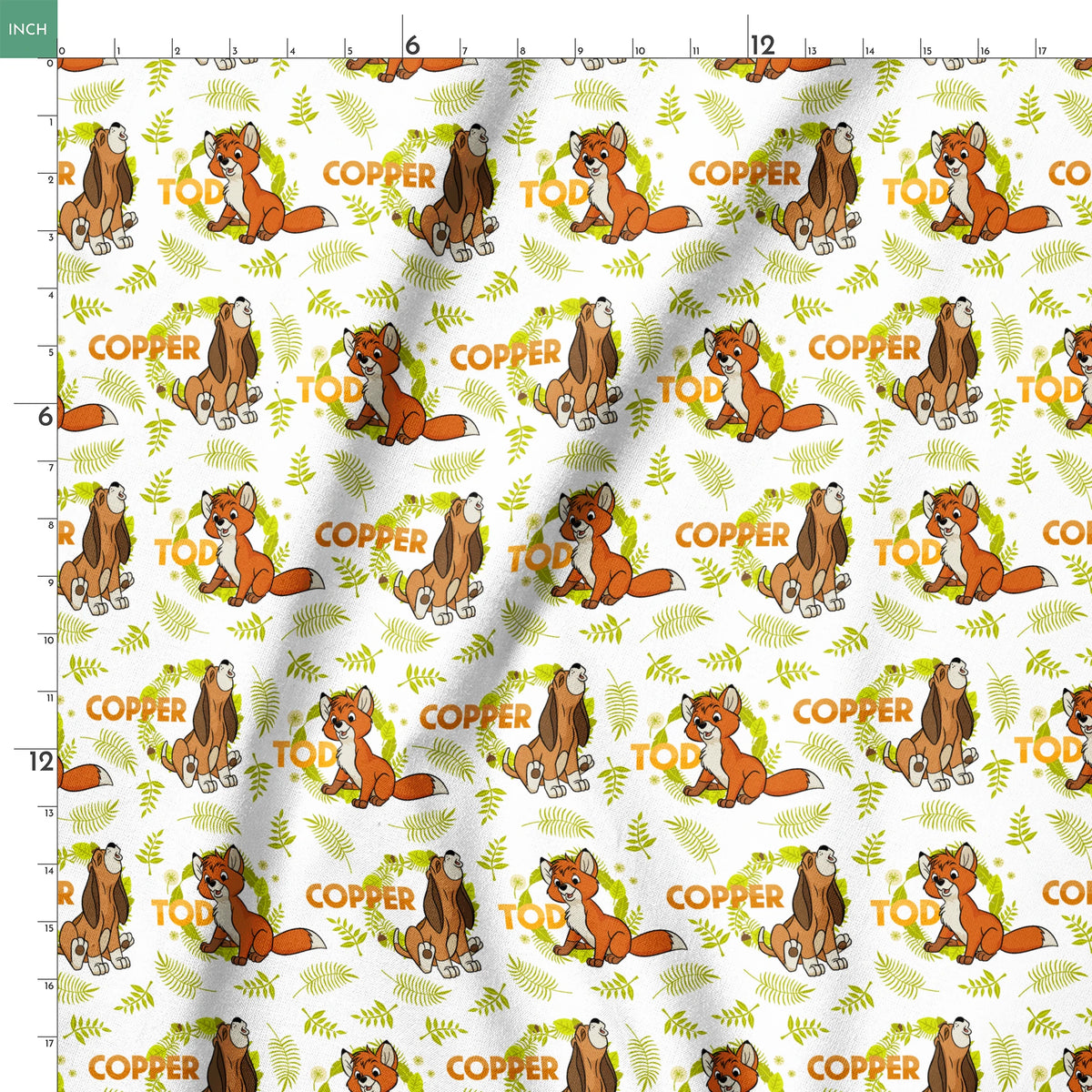 Fox and the Hound pattern with name "COPPER" and green fern background design springs ruler 18x18