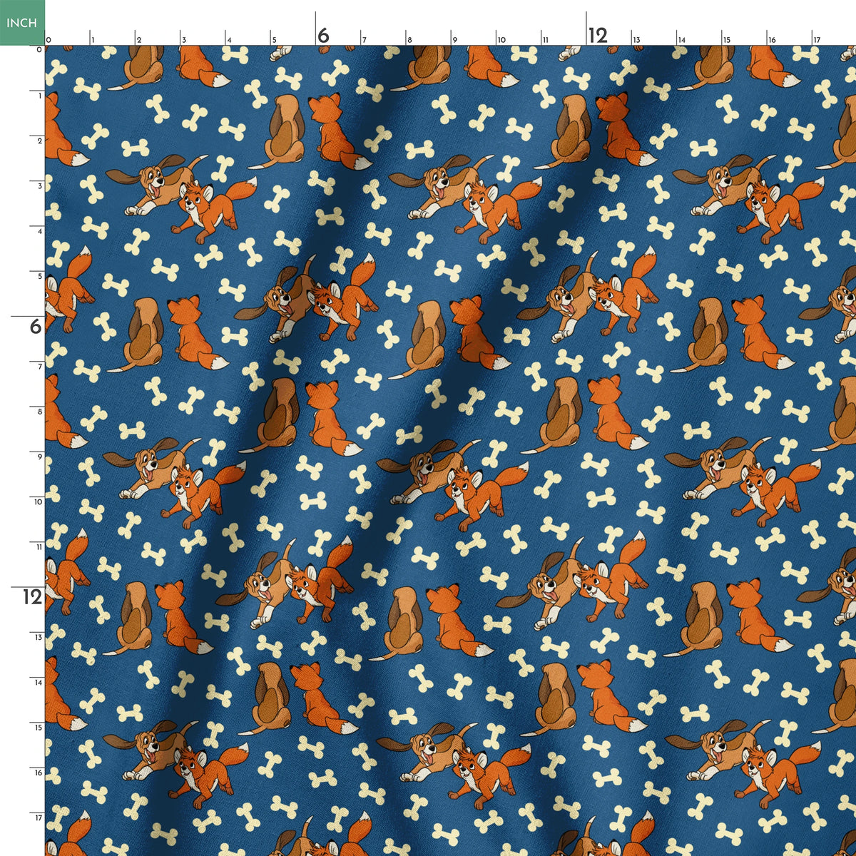 Fox and the Hound characters playing against blue background with scattered bone pattern springs ruler 18x18