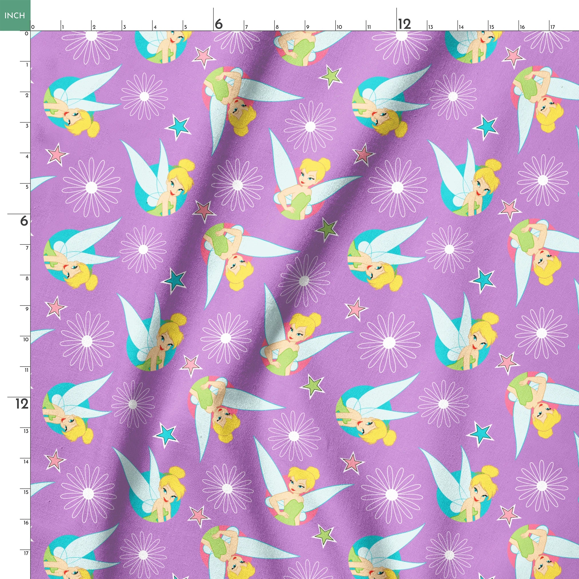 Tinker Bell on a purple background with white daisy flowers and colorful stars. springs ruler 18x18