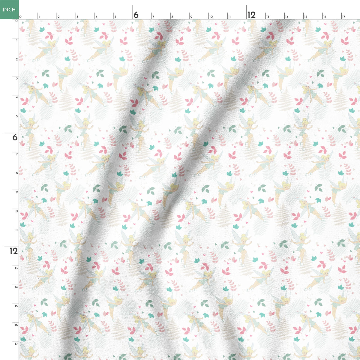 Whimsical pattern with Tinker Bell, white ferns, pink and teal foliage on light background springs ruler 18x18