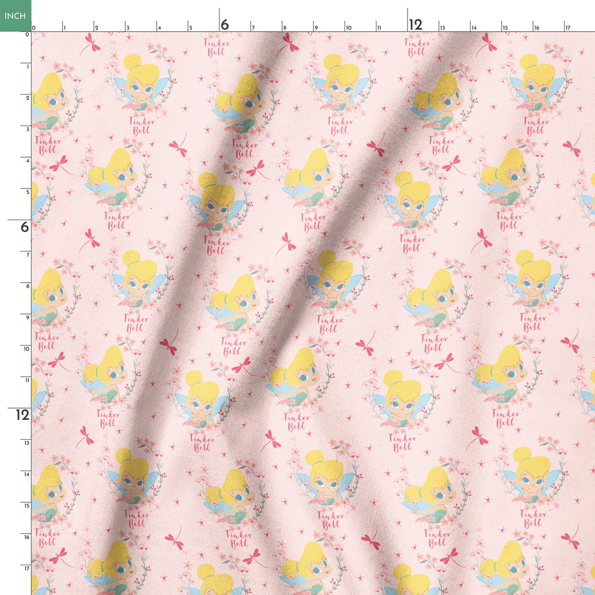 Pink background with Tinker Bell surrounded by flowers, stars, and dragonflies springs ruler 18x18
