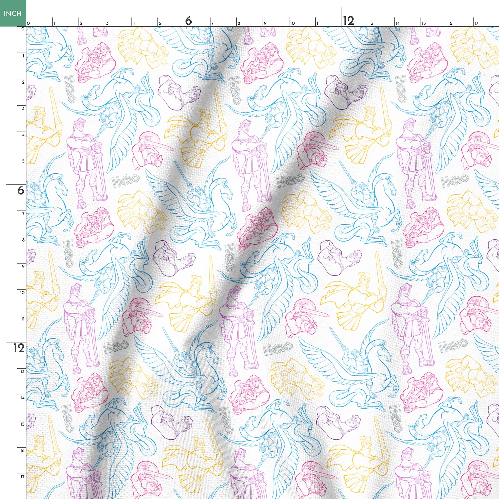 Colorful line art drawings of Hercules characters in blue, purple, and yellow outlines springs ruler 18x18