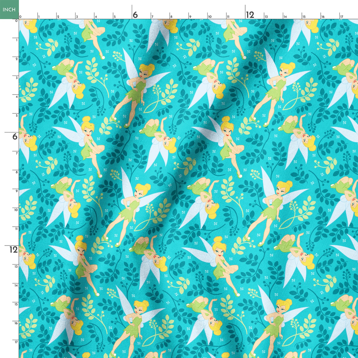 A whimsical pattern featuring Tinker Bell against a teal background with decorative green foliage and yellow accents. springs ruler 18x18