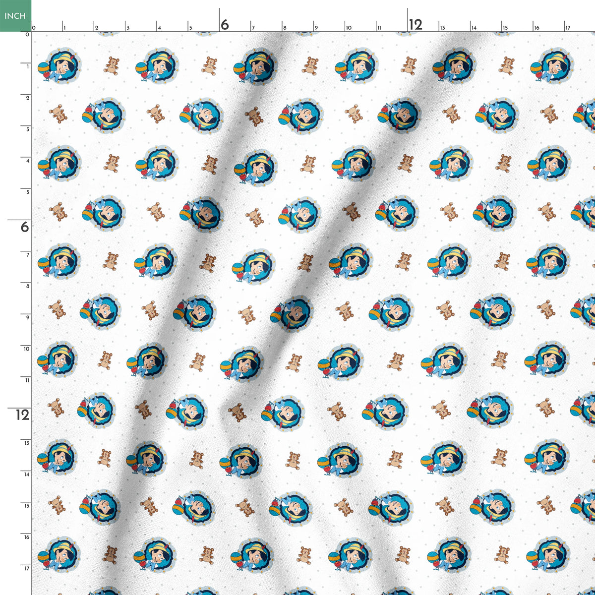 Repeating pattern of cartoon character in blue circle with teddy bears and colorful balls on light dotted background springs ruler 18x18