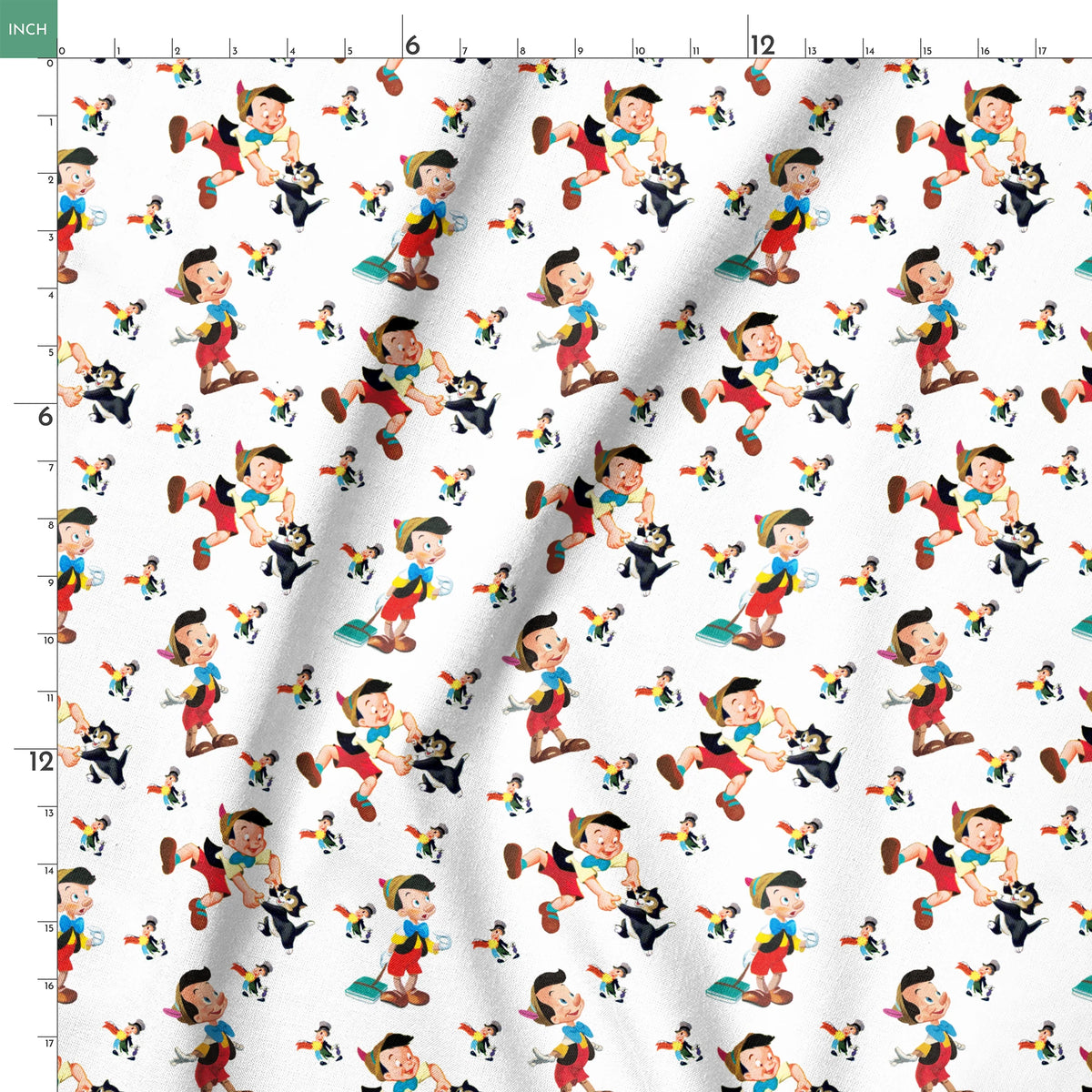 Pattern of cartoon wooden puppet characters with long noses, red shorts, blue bow ties, and black cats scattered on white background springs ruler 18x18