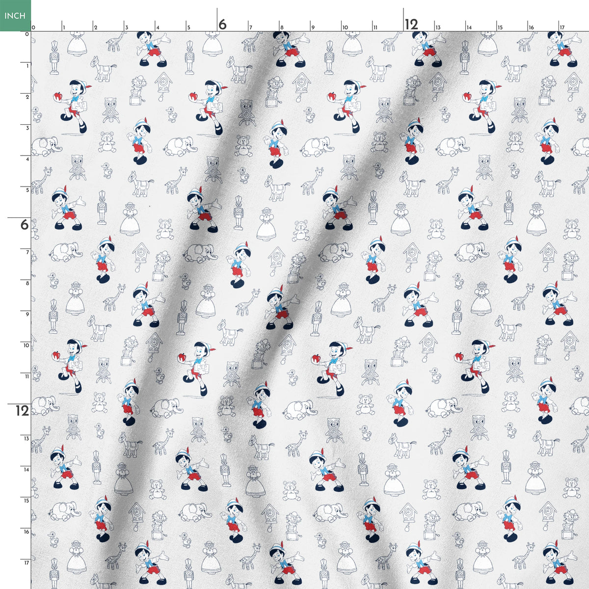 Pattern of vintage cartoon characters including Pinocchio and assorted animals on a light background with red and blue accents springs ruler 18x18